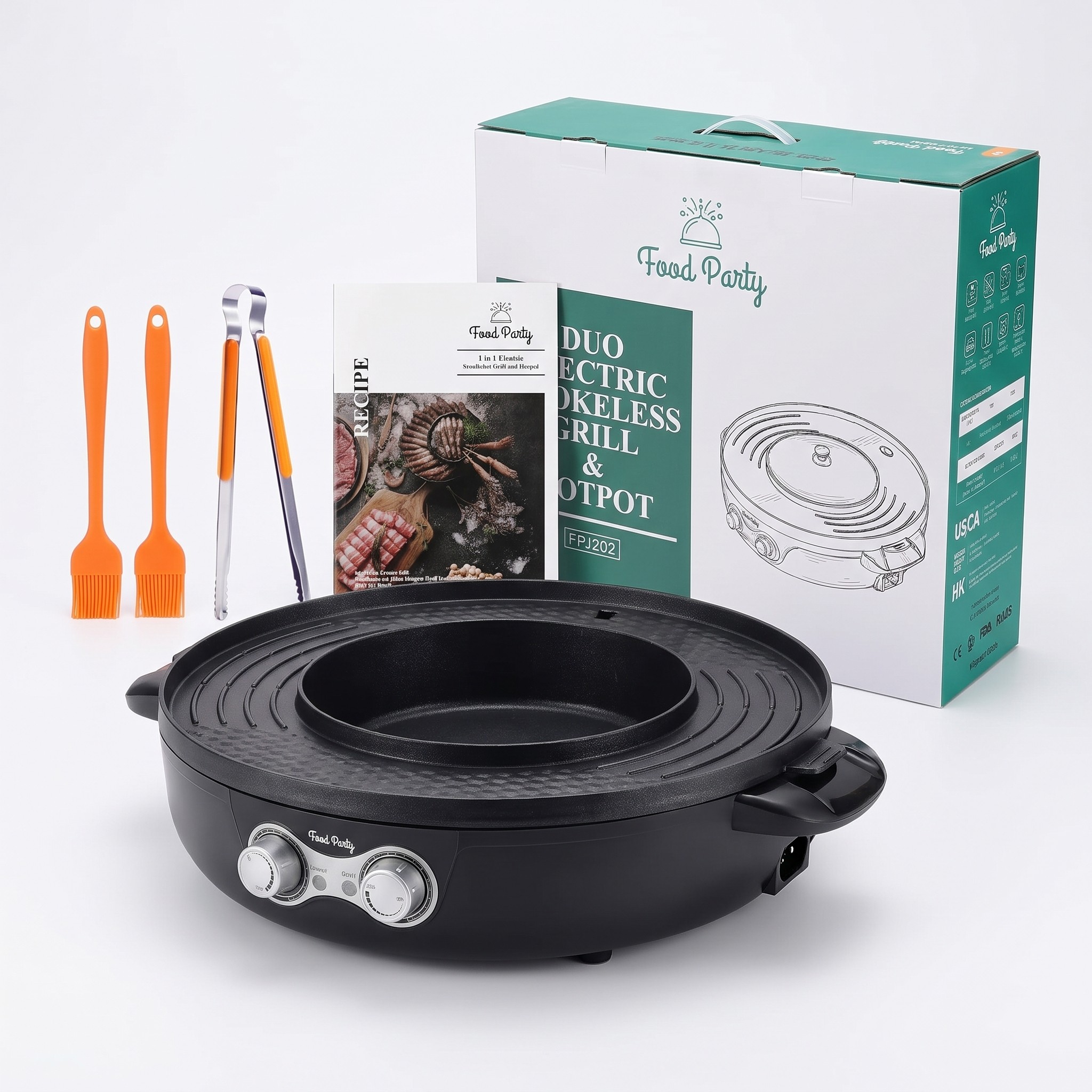 Food Party FP-002 – elektrický hot pot s grilem 2v1, dělený hrnec 2,5 l, 2200 W – s vadou