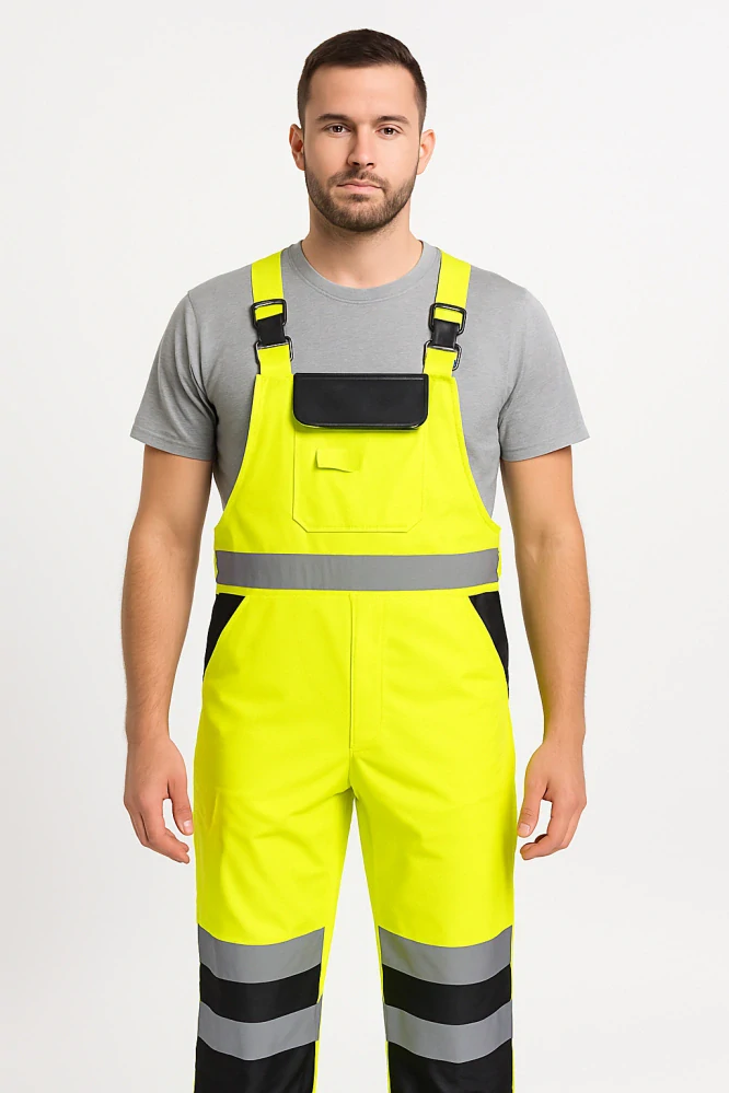 Reflexní kalhoty s laclem PORTWEST S488 Hi-Vis nepromokavé, Žlutá/Tmavě modrá, M