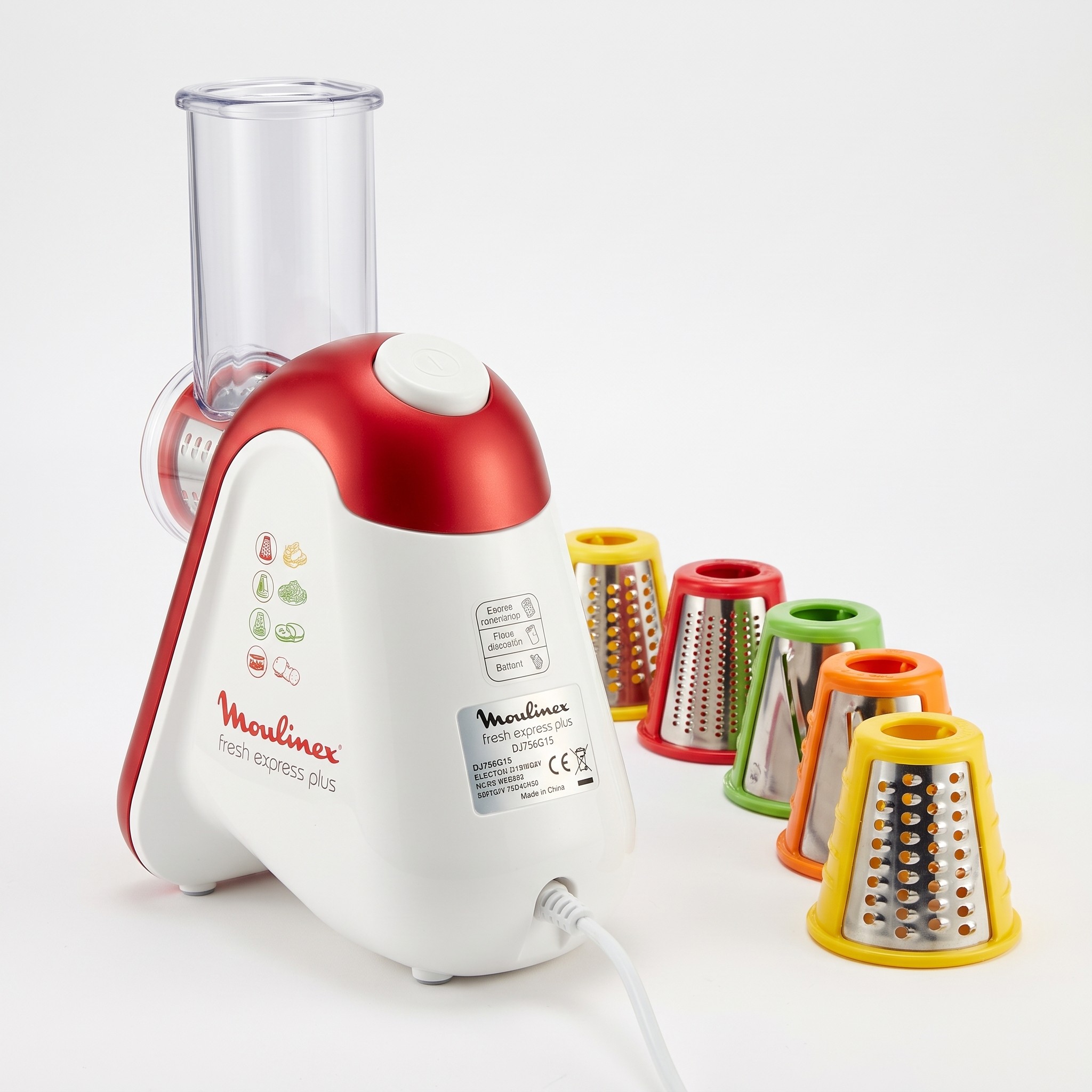 Moulinex Fresh Express Plus DJ756G15 – elektrické struhadlo s 5 nástavci, červené