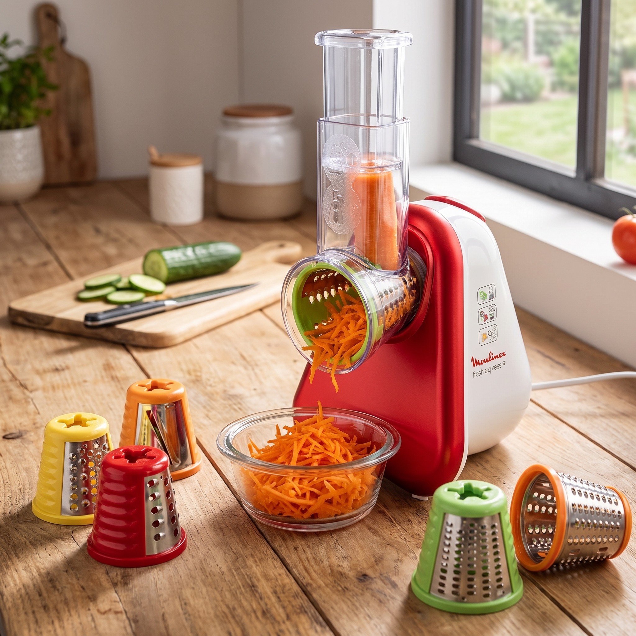 Moulinex Fresh Express Plus DJ756G15 – elektrické struhadlo s 5 nástavci, červené