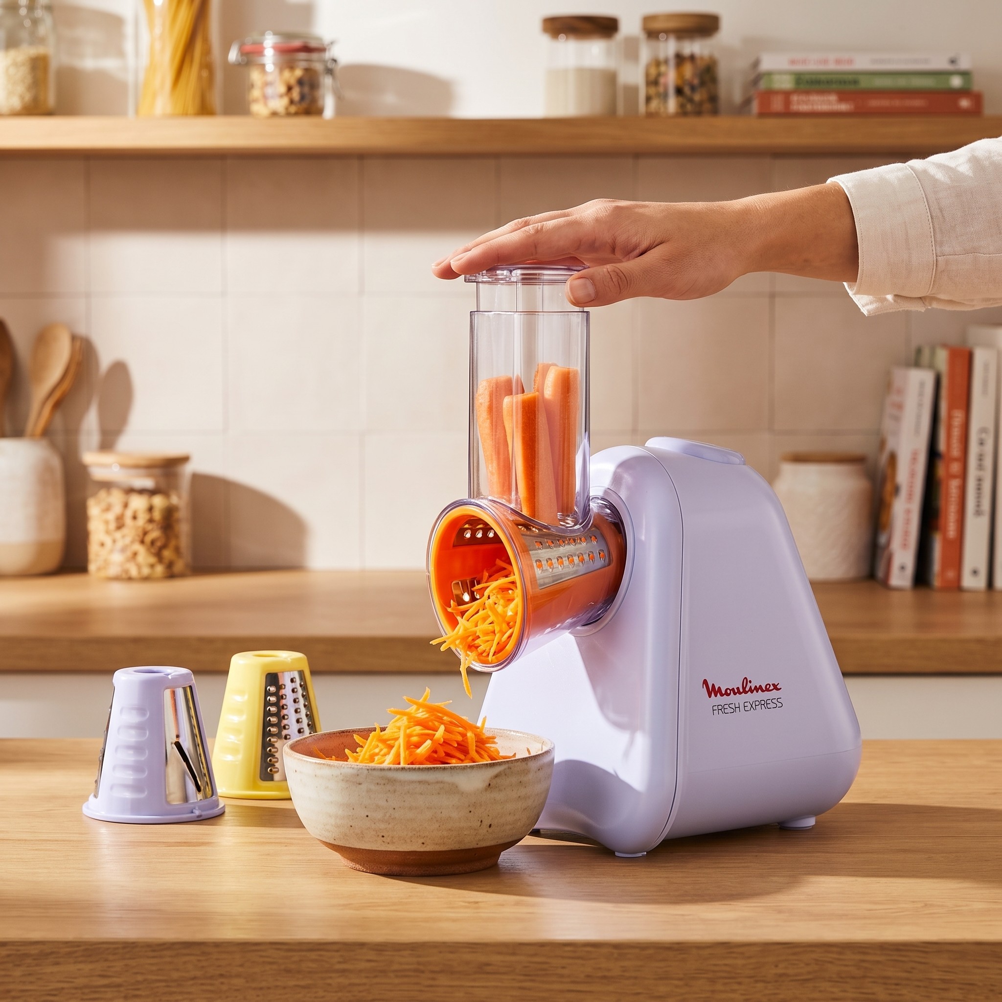 Moulinex Fresh Express DK8546E0 – elektrické struhadlo a kráječ zeleniny 4v1, fialové – nekompletní