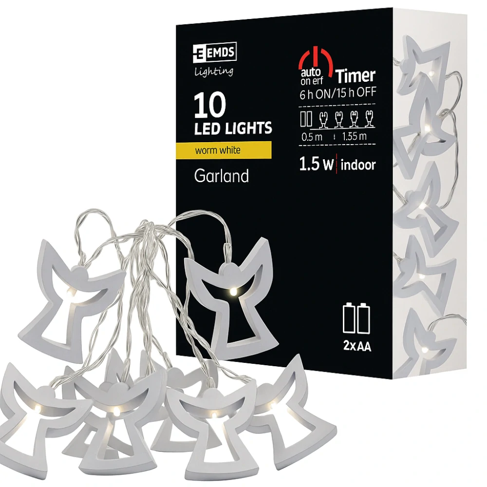 EMOS – Vánoční girlanda Andělíčci, dřevěná, teplá bílá, 2× AA, s časovačem, LED