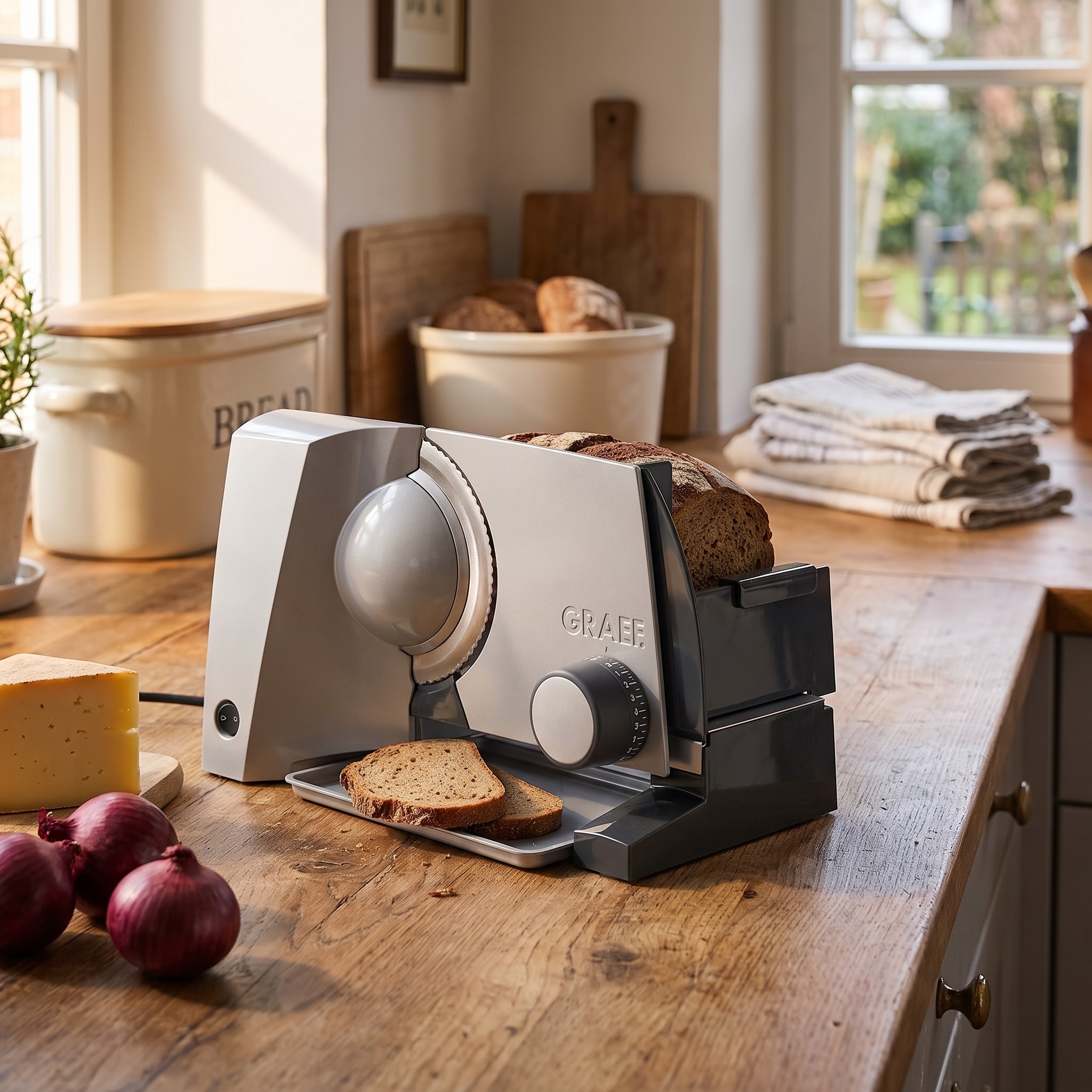 Graef Sliced Kitchen G52 – kovový kráječ potravin se zoubkovaným nožem 170 mm, šedý