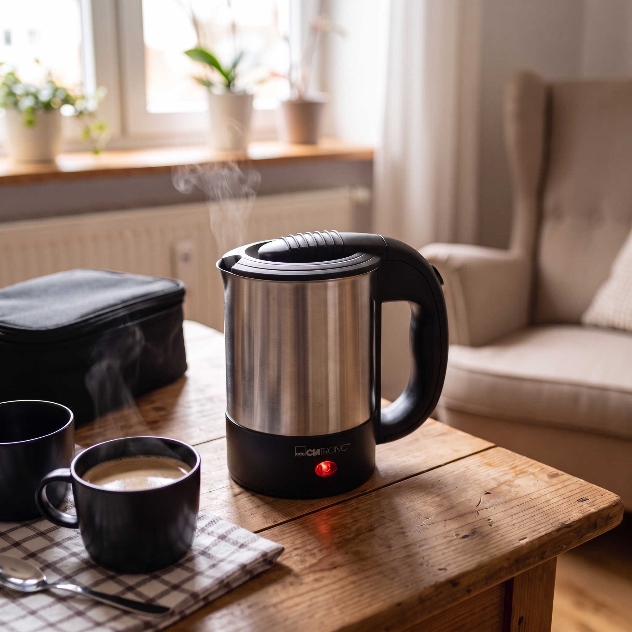 Clatronic WKR 3624 – cestovní rychlovarná konvice 0,5 l, 1000 W, se 2 hrnky a taškou