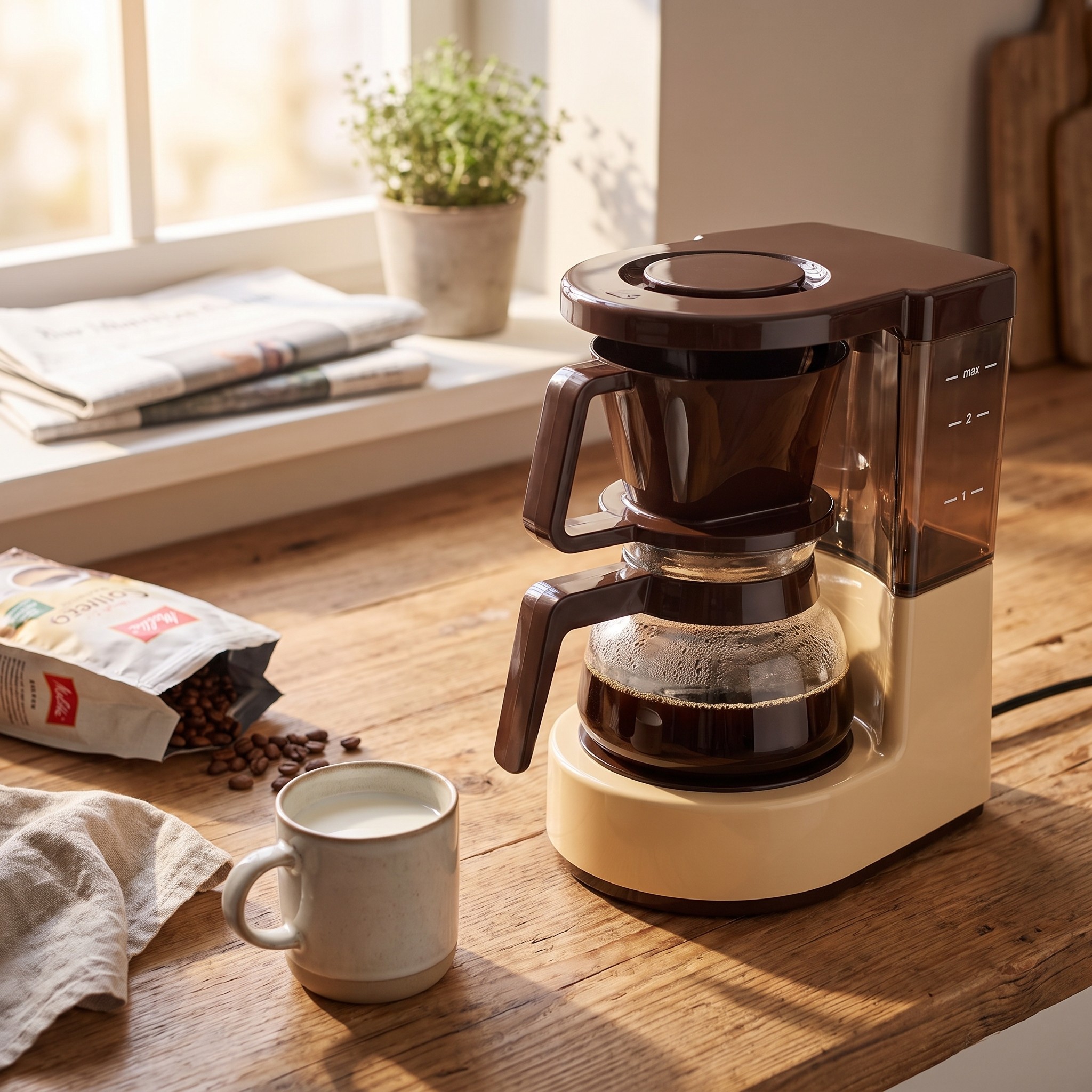 Melitta Aromaboy 1015-03 – malý filtrační kávovar na 2 šálky, retro béžovo-hnědý