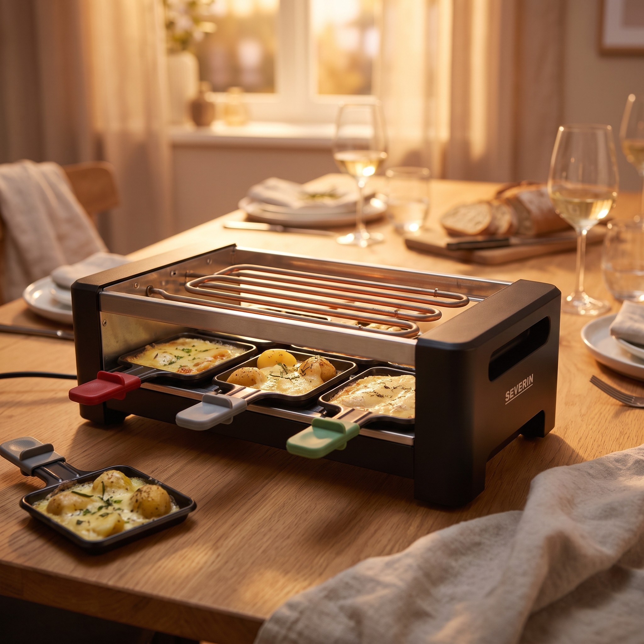 SEVERIN RG 9645 – raclette gril, 4 pánvičky, 1 400 W (bez grilovacího kamene)