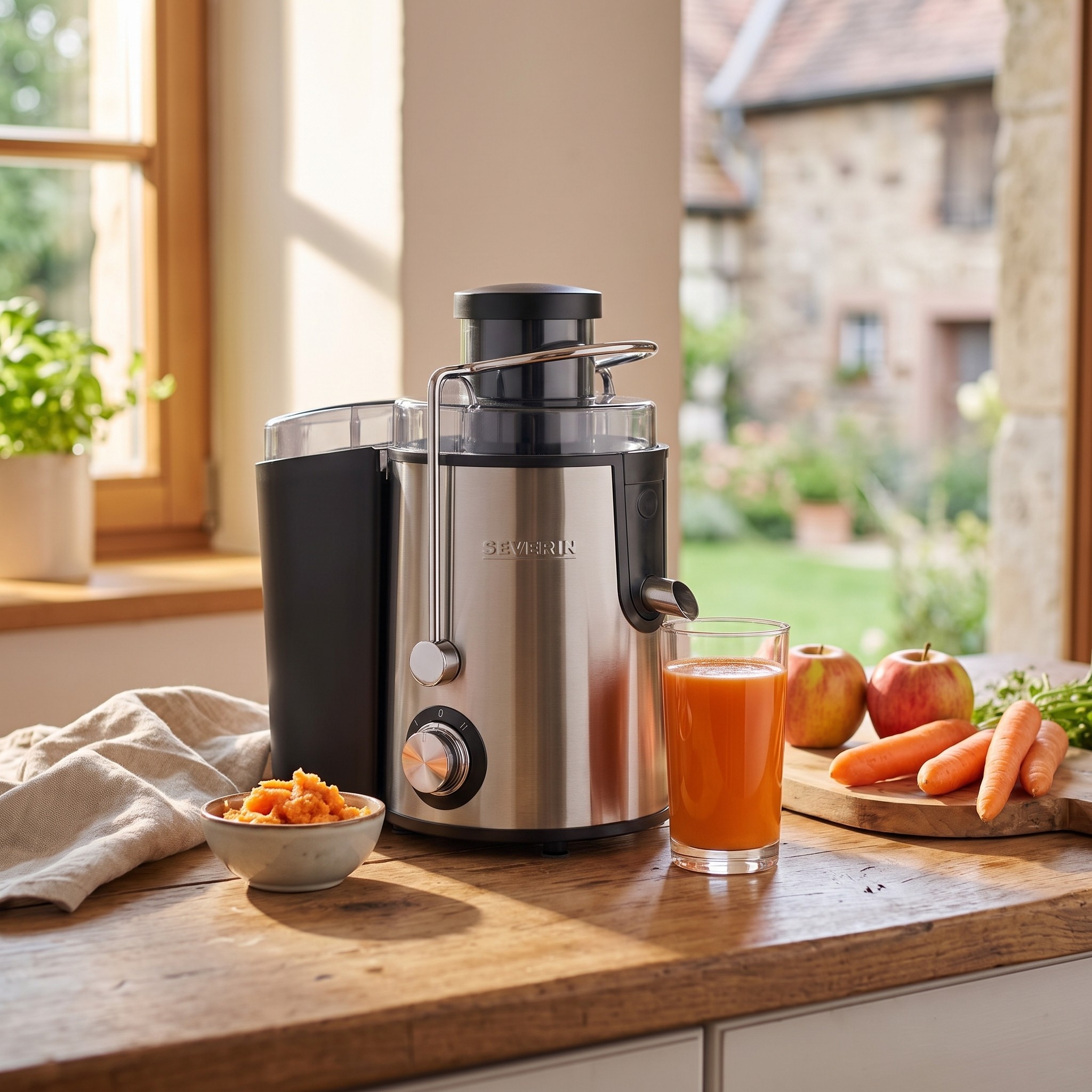 SEVERIN ES 3566 – odšťavňovač ovoce a zeleniny 400 W, XXL plnicí otvor, nerez/černý