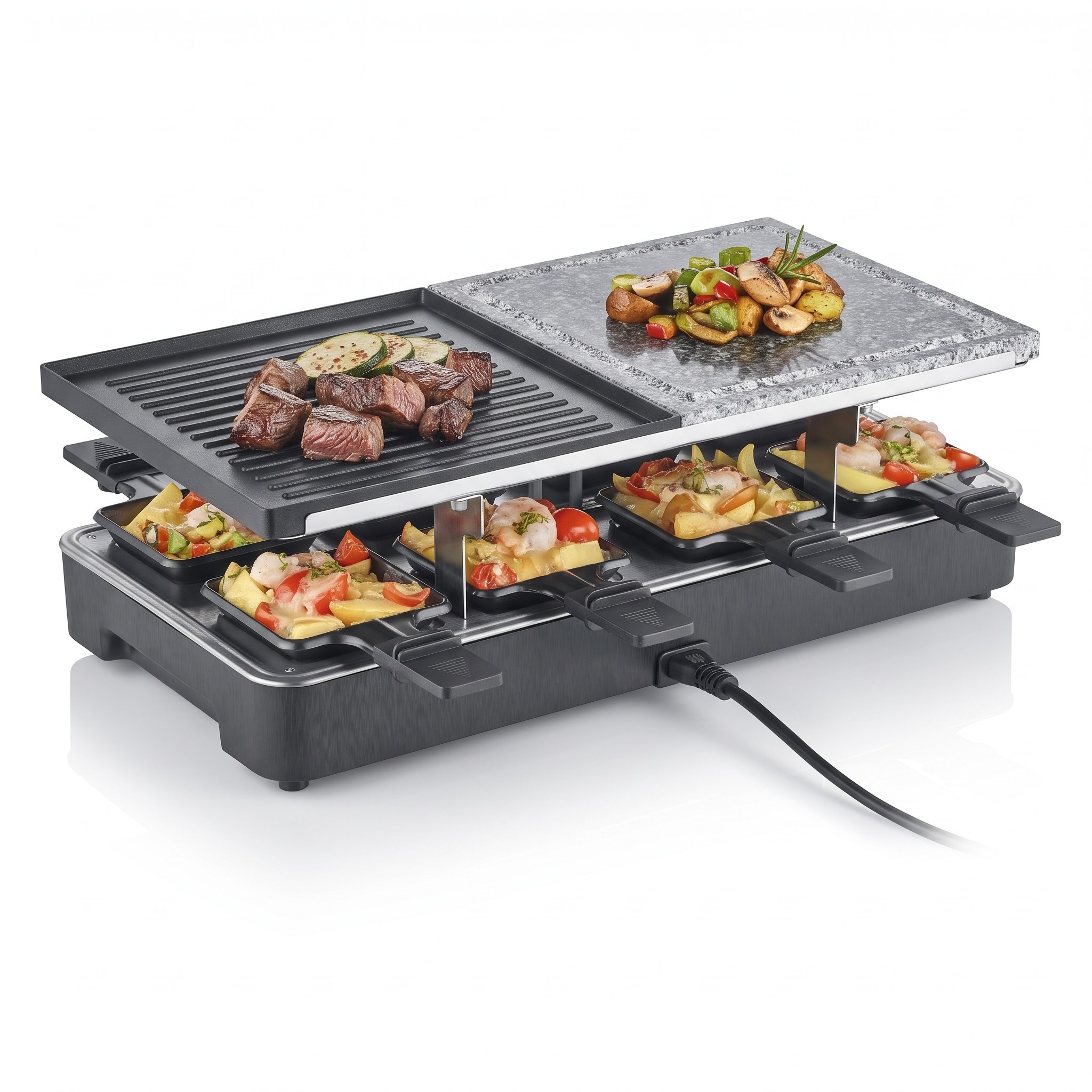 SEVERIN RG 2371 – raclette gril s přírodním kamenem a grilovací deskou, 8 pánviček, 1300 W