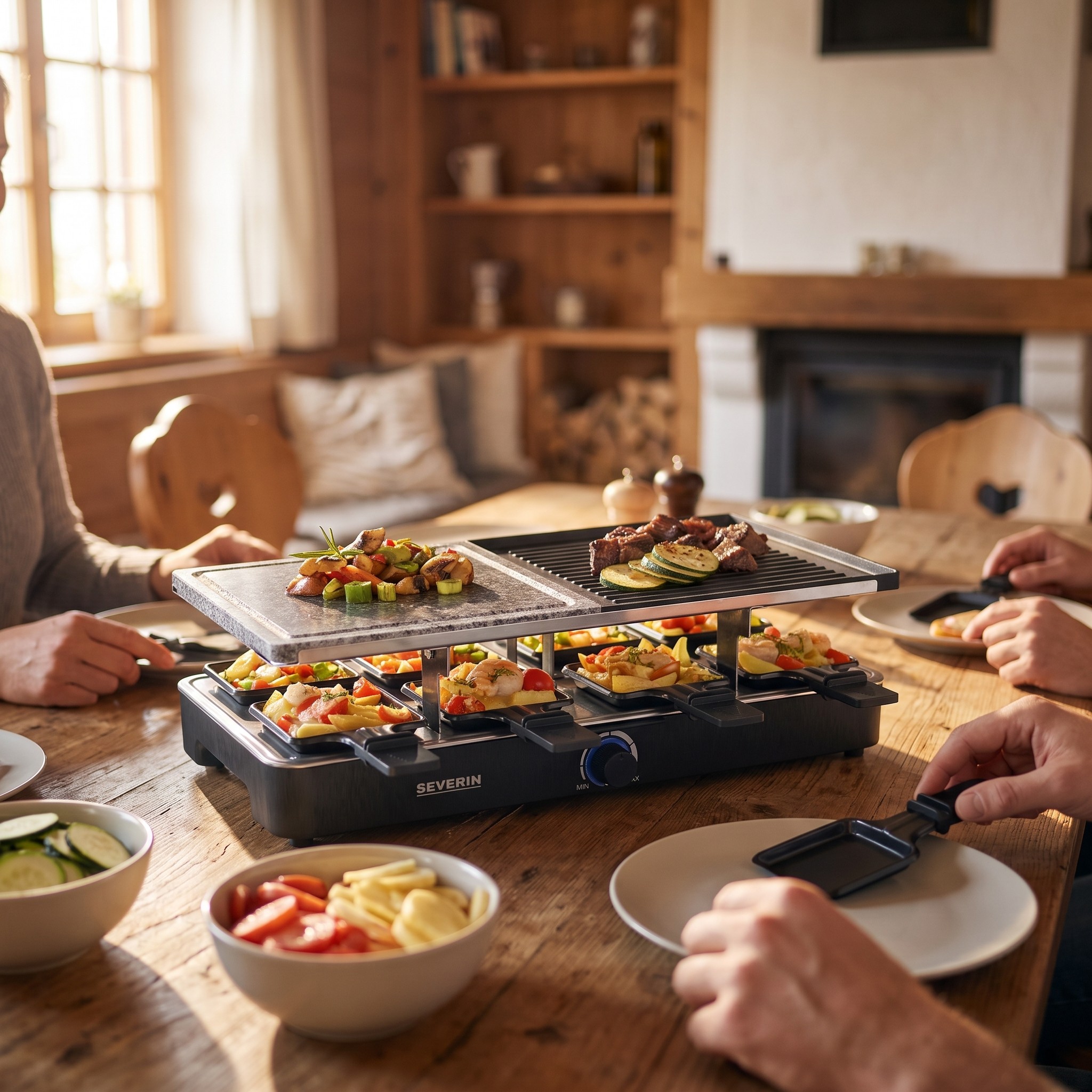 SEVERIN RG 2371 – raclette gril s přírodním kamenem a grilovací deskou, 8 pánviček, 1300 W