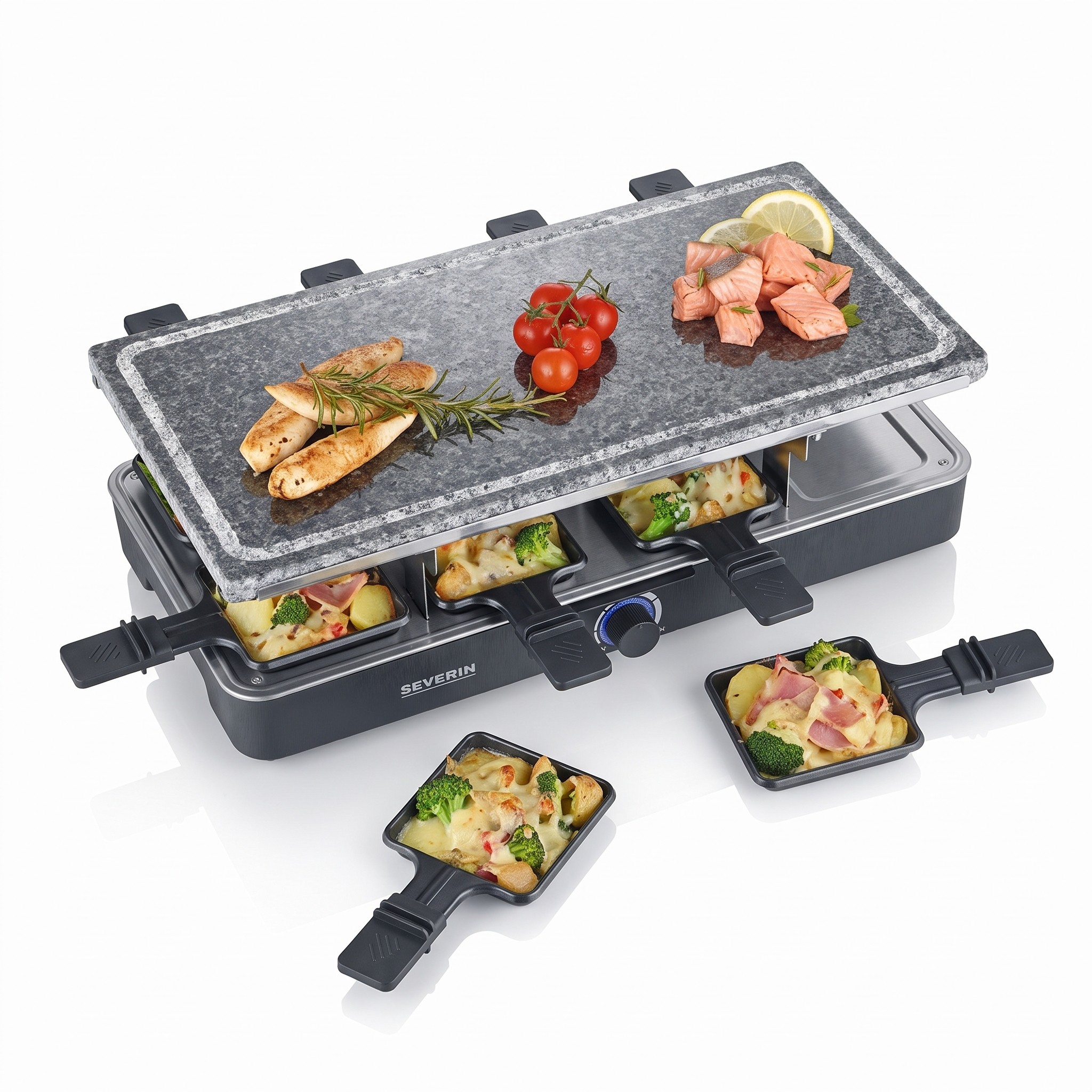 Severin RG 2372 – raclette gril s přírodním grilovacím kamenem, 8 pánviček, 1300 W
