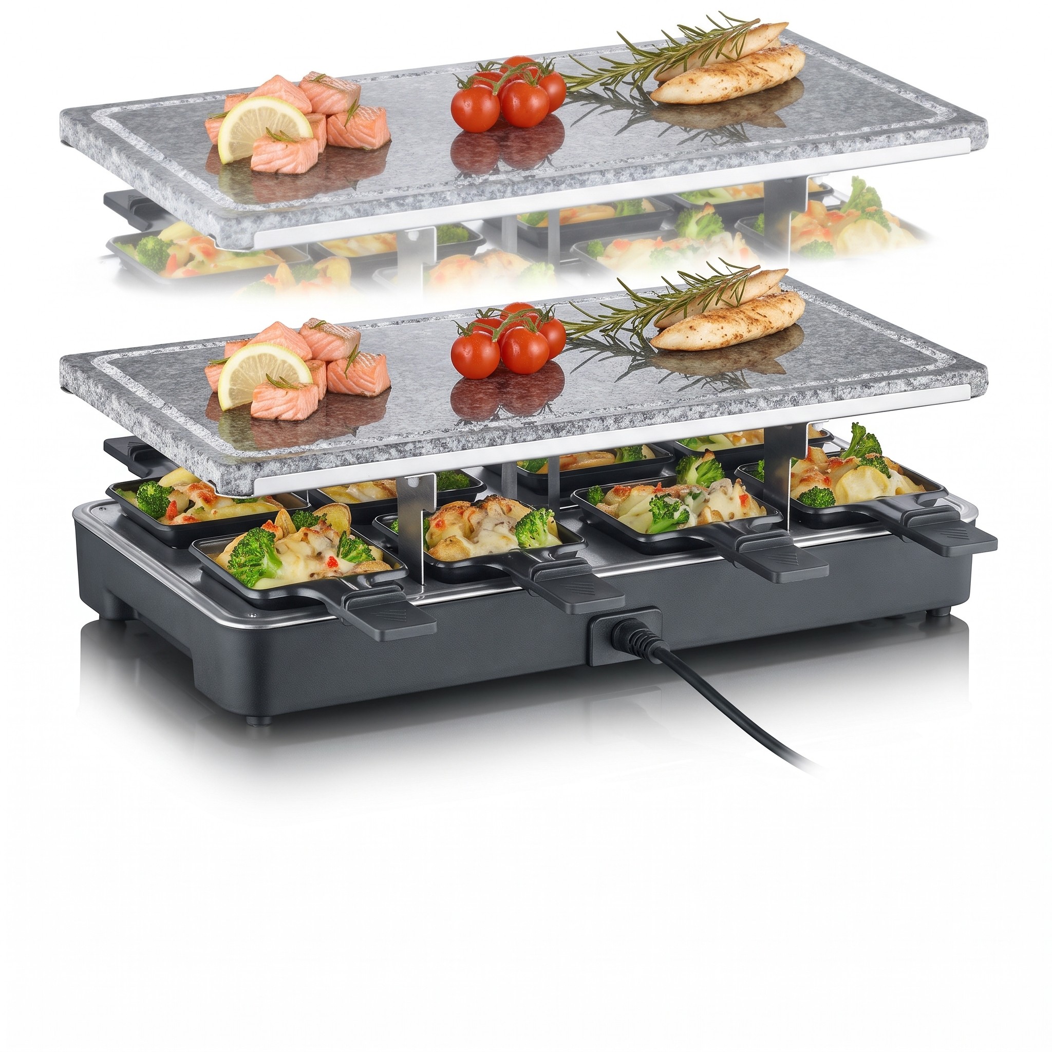 Severin RG 2372 – raclette gril s přírodním grilovacím kamenem, 8 pánviček, 1300 W