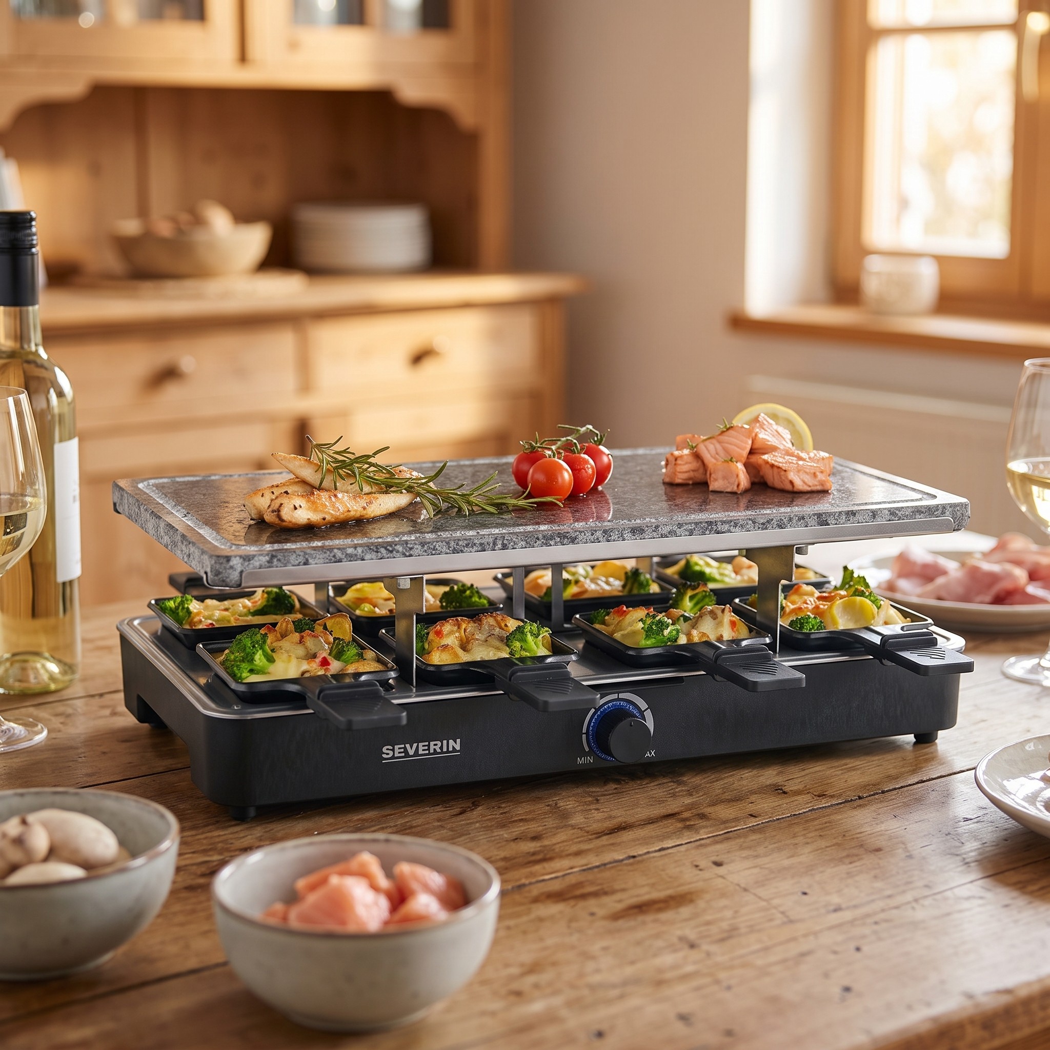 Severin RG 2372 – raclette gril s přírodním grilovacím kamenem, 8 pánviček, 1300 W