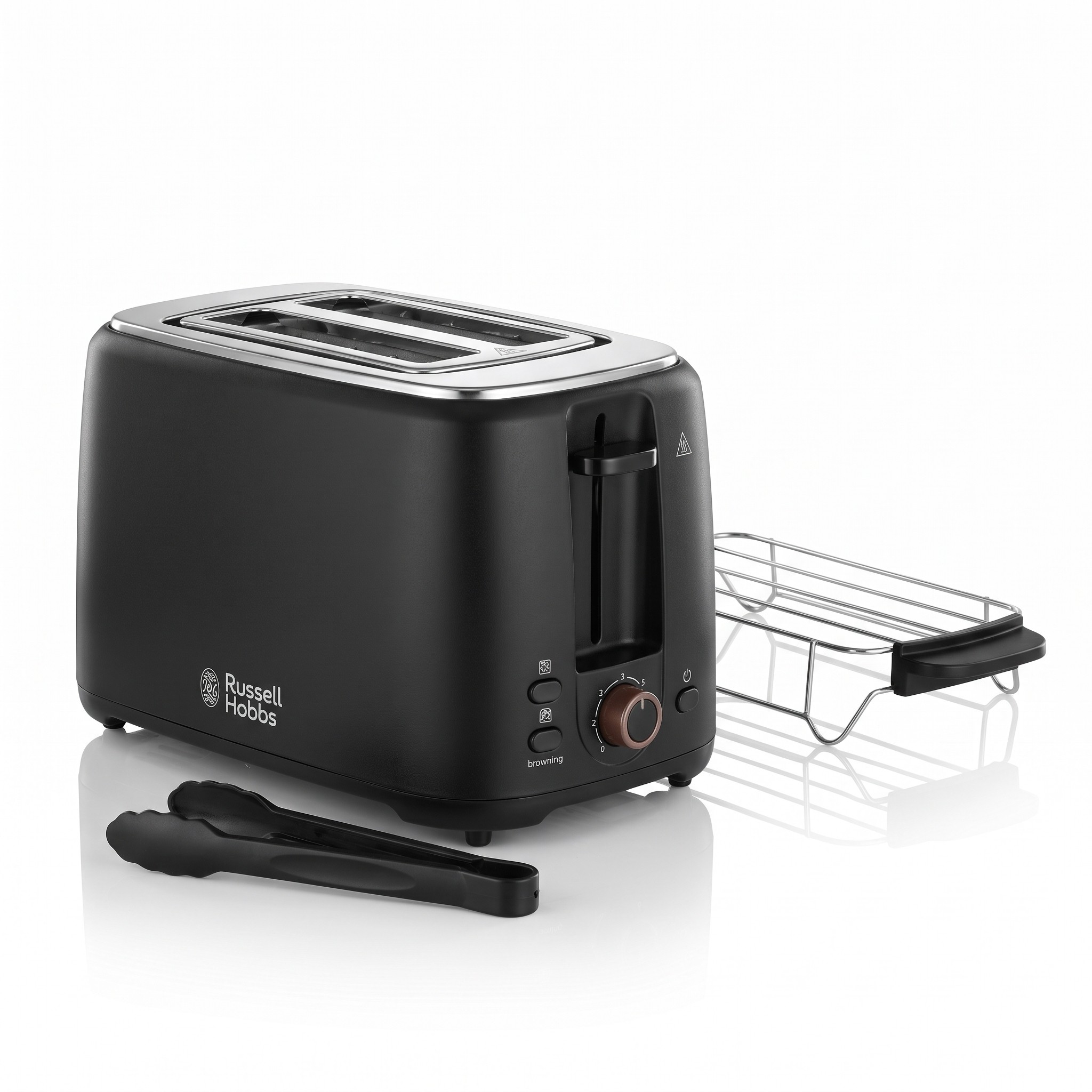 Russell Hobbs Textures+ 22601-56 – topinkovač se 2 extra širokými otvory a kleštěmi, černý – rozbalené
