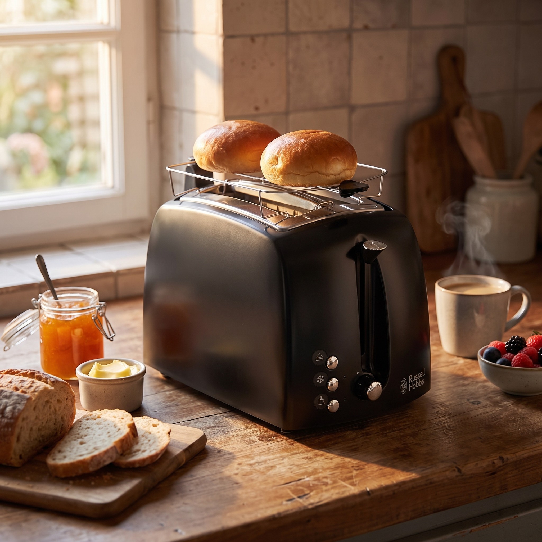 Russell Hobbs Textures+ 22601-56 – topinkovač se 2 extra širokými otvory a kleštěmi, černý – rozbalené