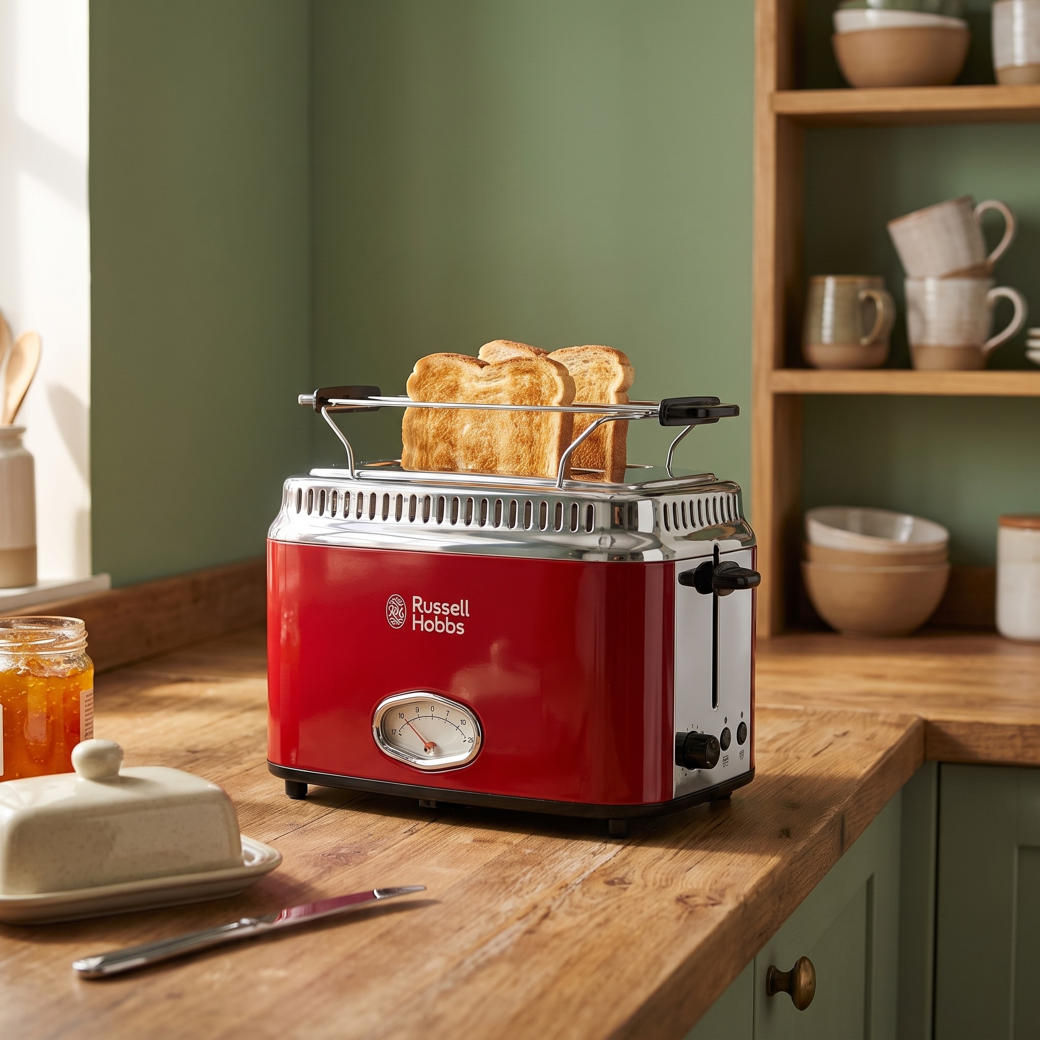 Russell Hobbs Retro 21680-56 – topinkovač na 2 toasty s odpočtem času, 1300 W, červený – rozbalené