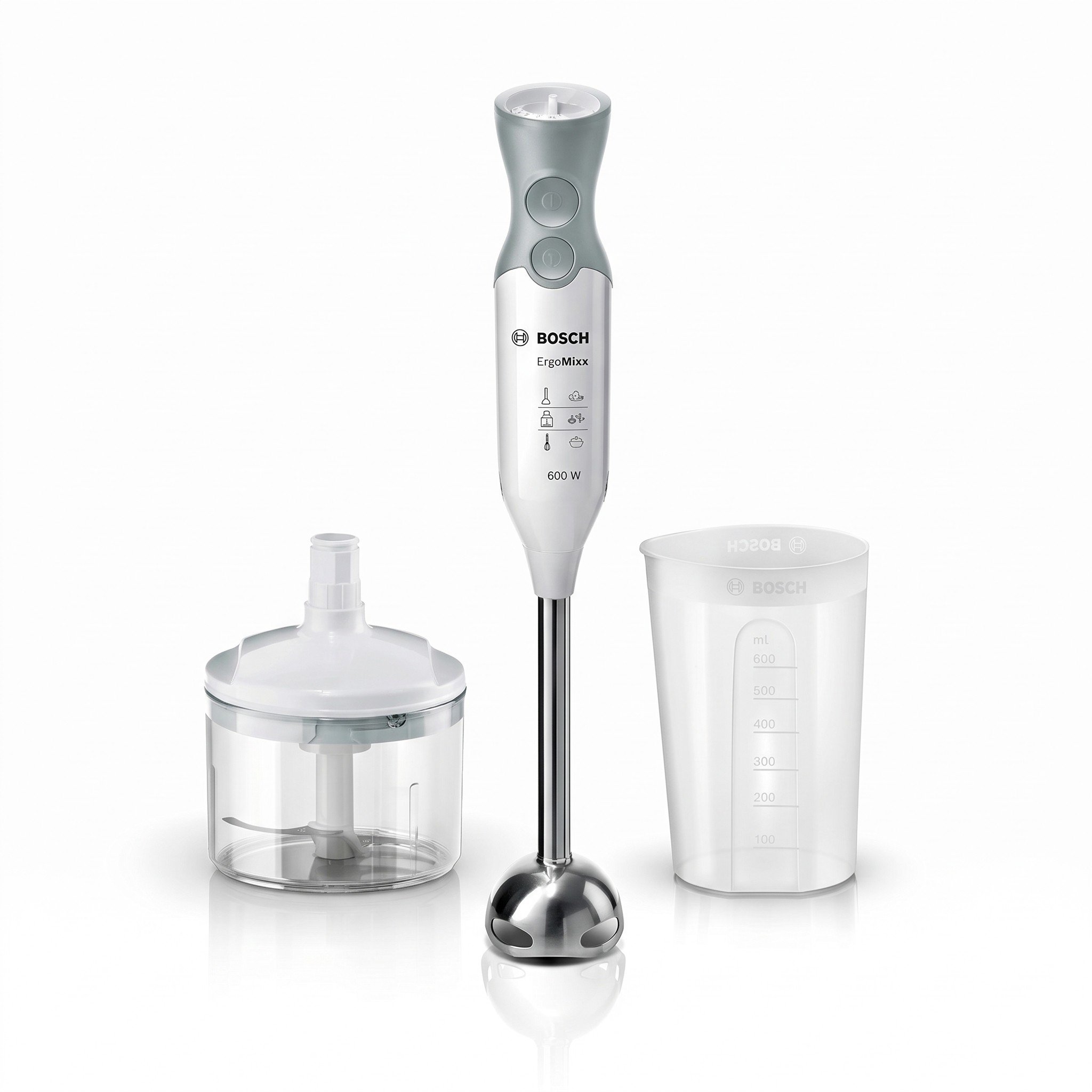 Bosch ErgoMixx MSM66120 – tyčový mixér 600 W s nerezovou nohou a sekáčkem, bílý/šedý – rozbalené