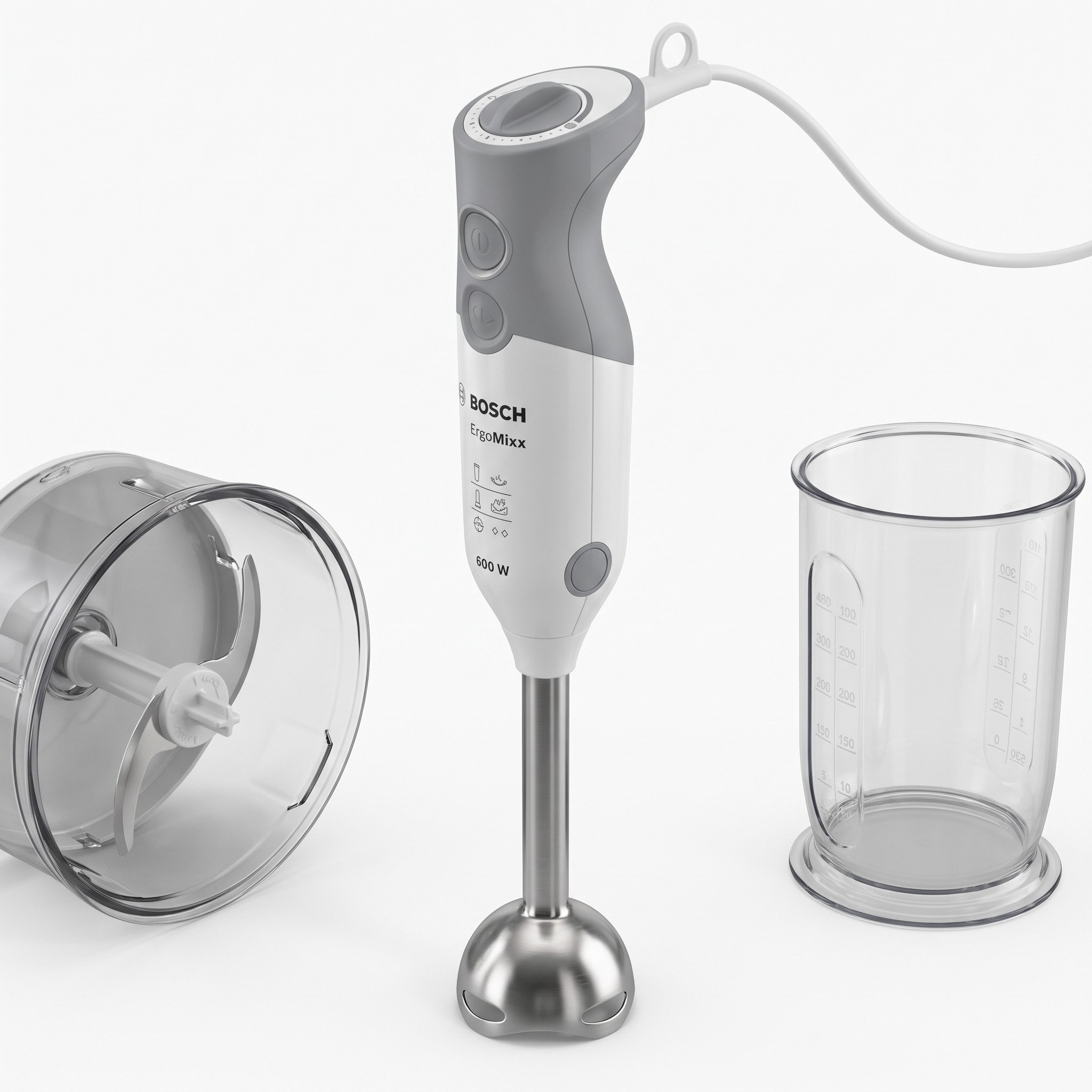 Bosch ErgoMixx MSM66120 – tyčový mixér 600 W s nerezovou nohou a sekáčkem, bílý/šedý – rozbalené