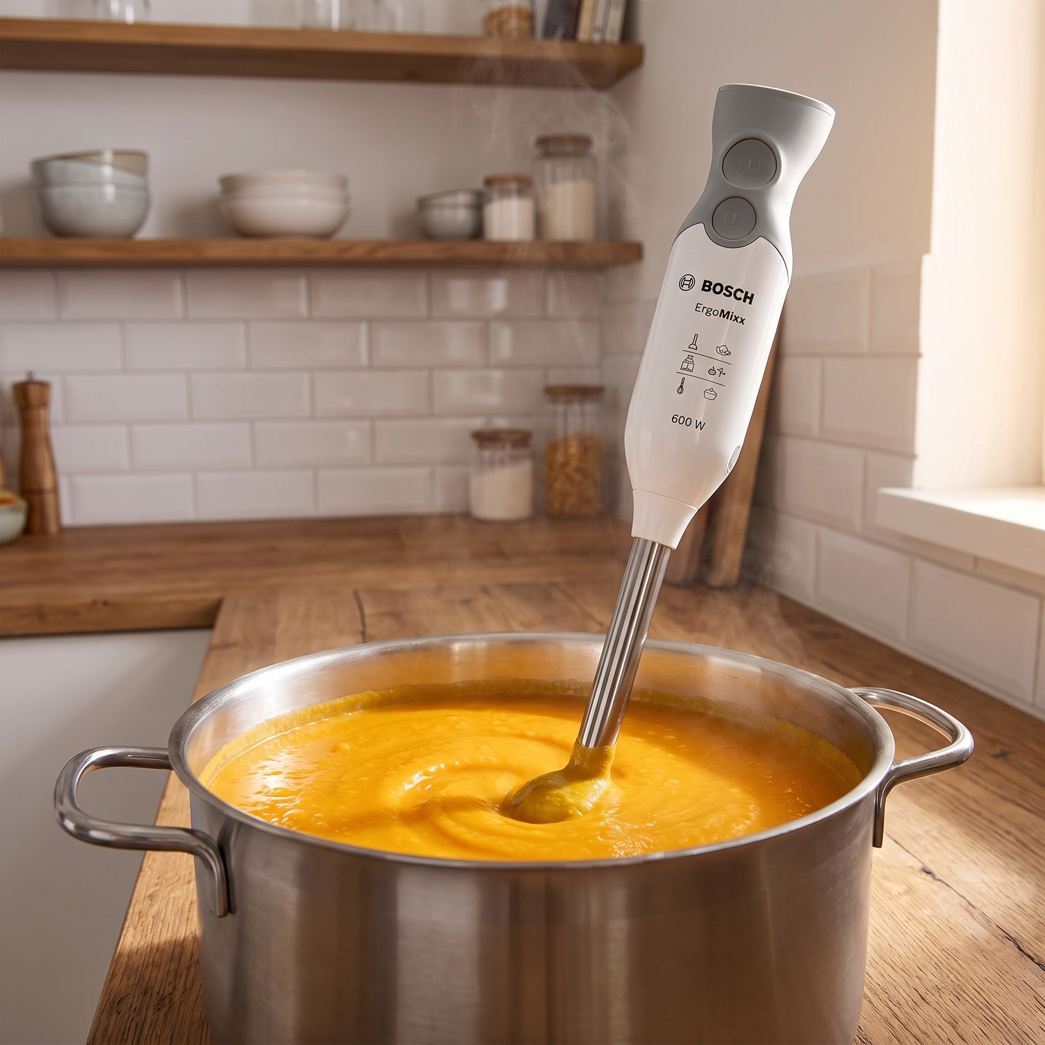 Bosch ErgoMixx MSM66120 – tyčový mixér 600 W s nerezovou nohou a sekáčkem, bílý/šedý – rozbalené