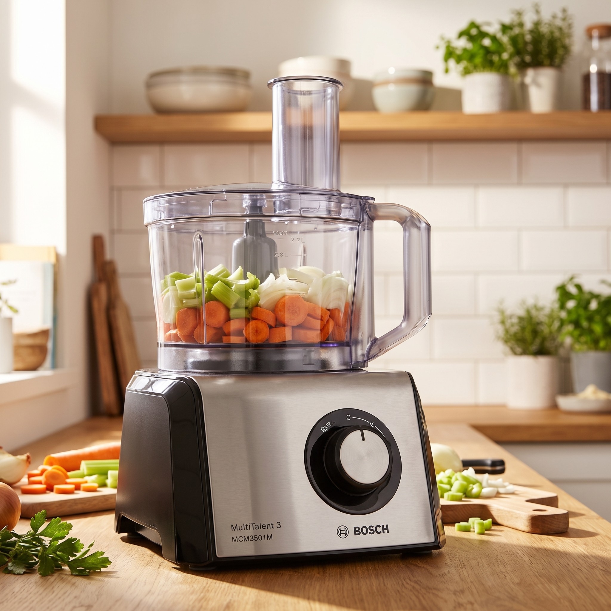 Bosch MultiTalent 3 MCM3501M – kuchyňský robot 800 W, mísa 2,3 l, mixér 1 l, 50 funkcí – rozbalené