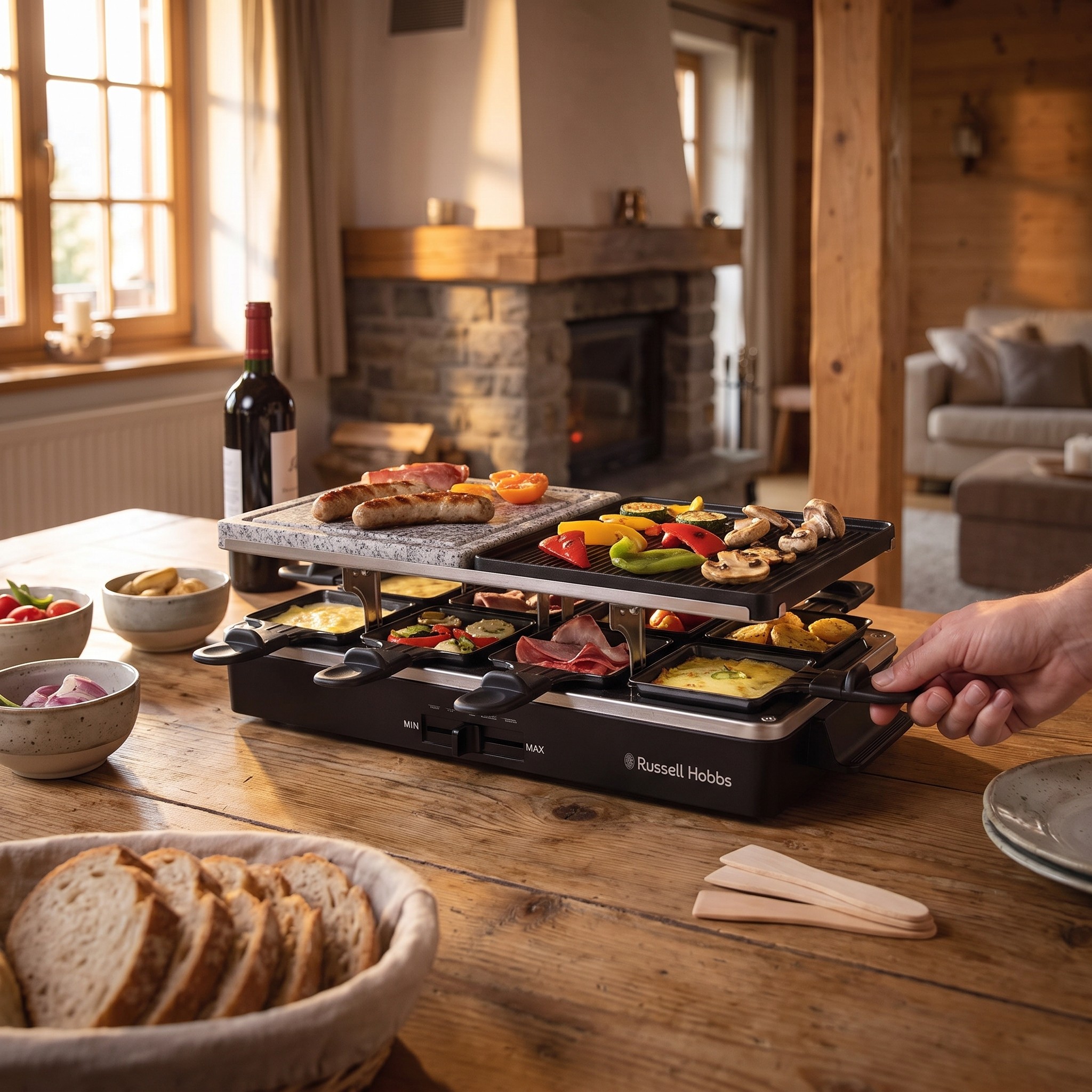 Russell Hobbs 26280-56 – raclette gril 3v1 pro 8 osob, přírodní kámen, 1400 W