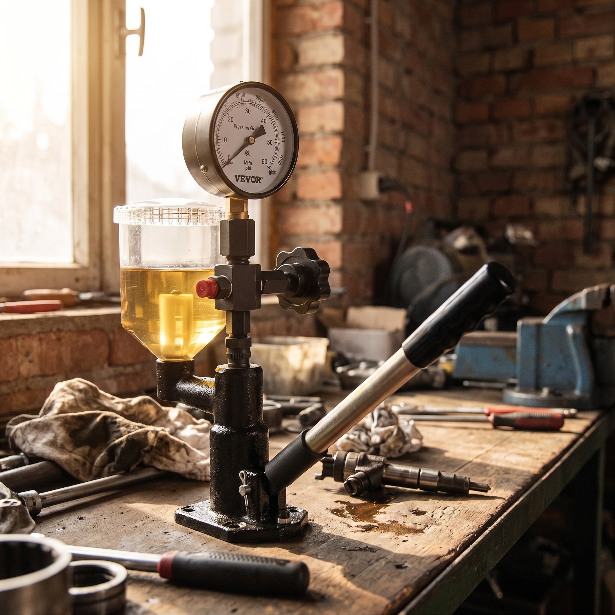 VEVOR tester vstřikovačů naftových motorů 0–600 bar – zkušební stolice, nádobka 0,8 l – použité