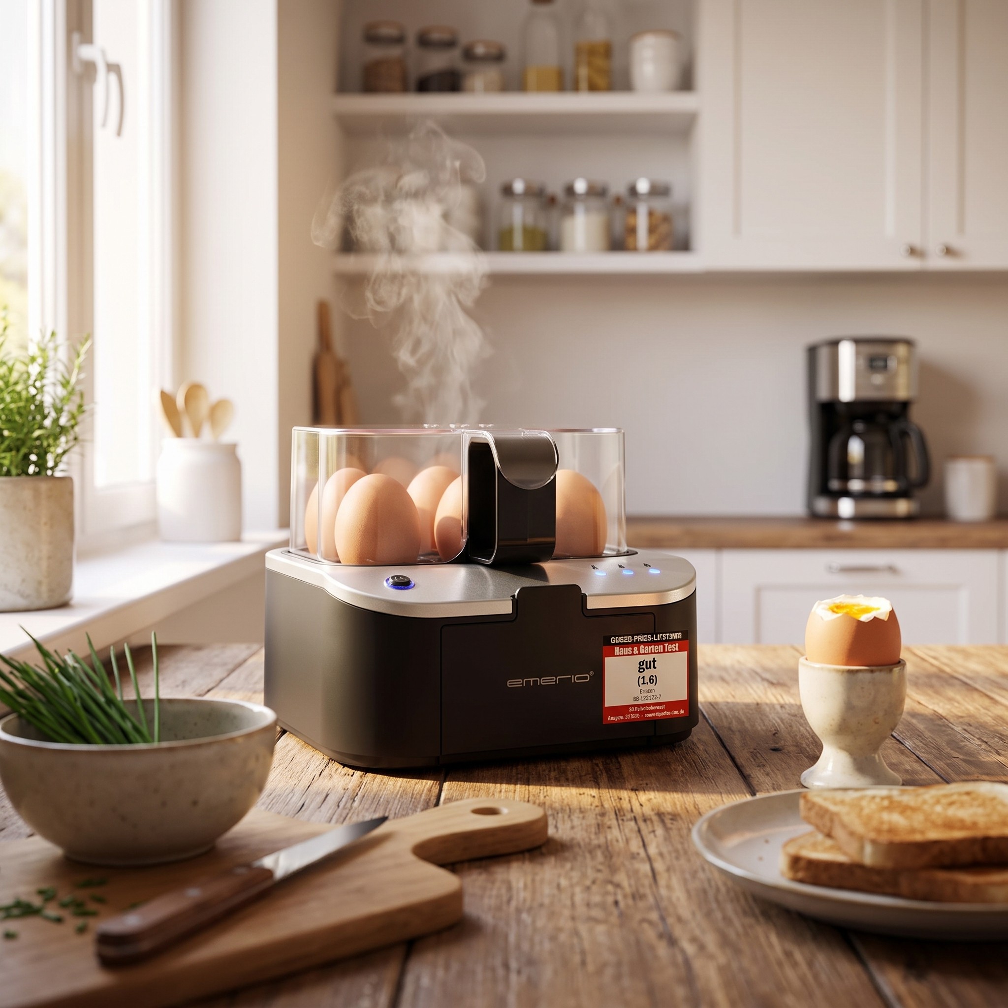 Emerio EB-123177.1 – vařič vajec na 6 vajec s hlasovým výstupem, 3 stupně najednou, 400 W – rozbalené