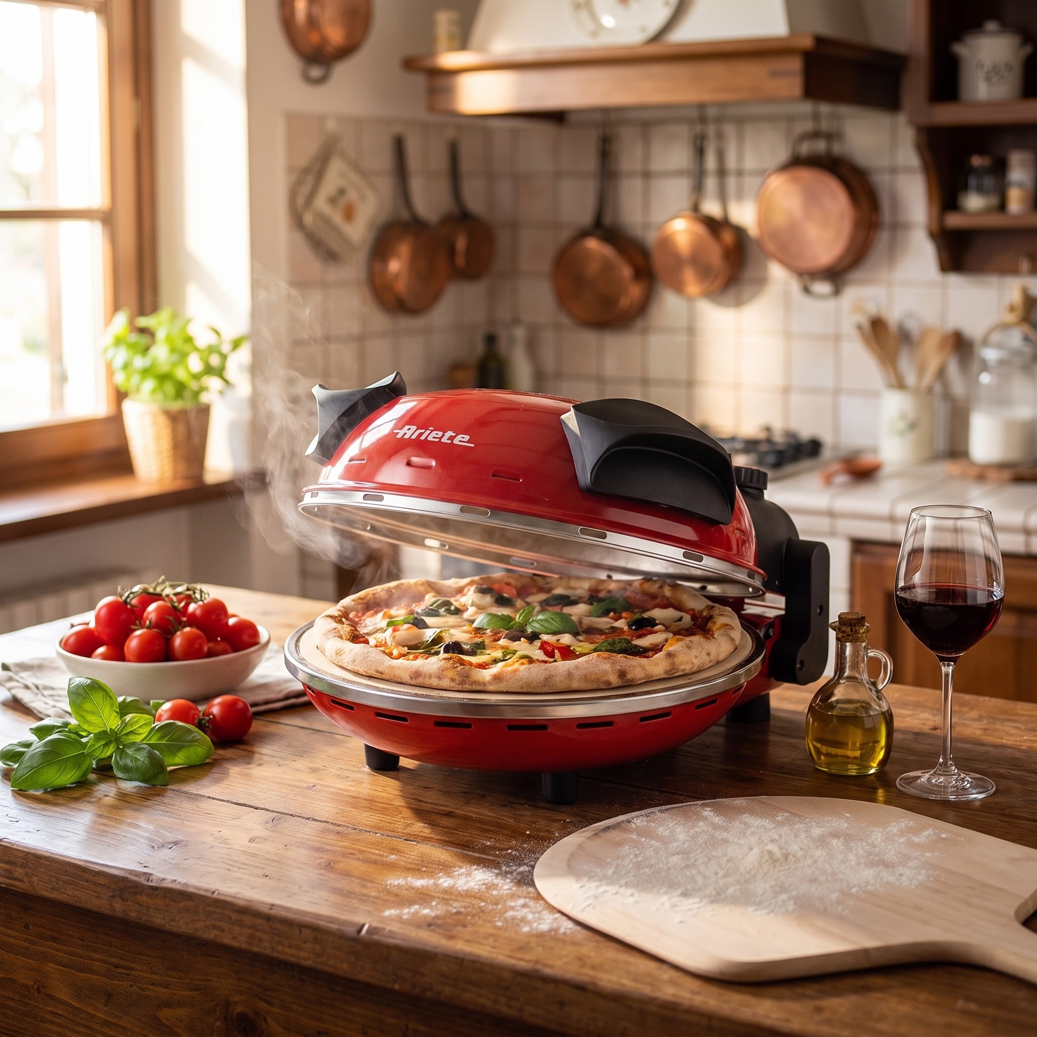 Ariete Pizza Party 909 – elektrická pec na pizzu 1200 W s kamenem, 400 °C, červená