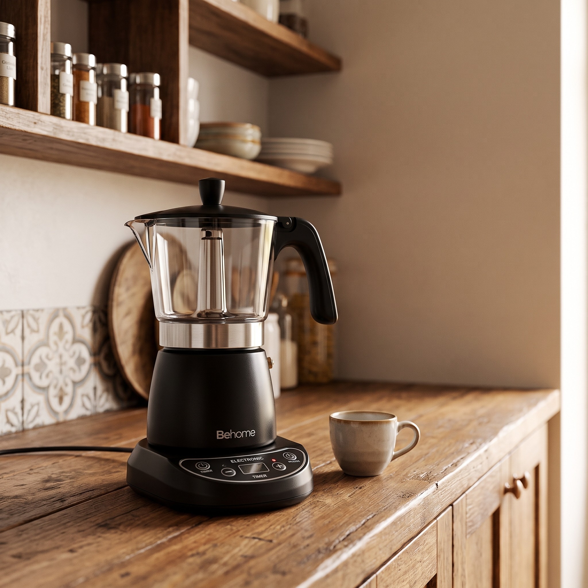 Behome EC300 – elektrická moka konvička na 3 šálky s časovačem, 400 W, černá – použité