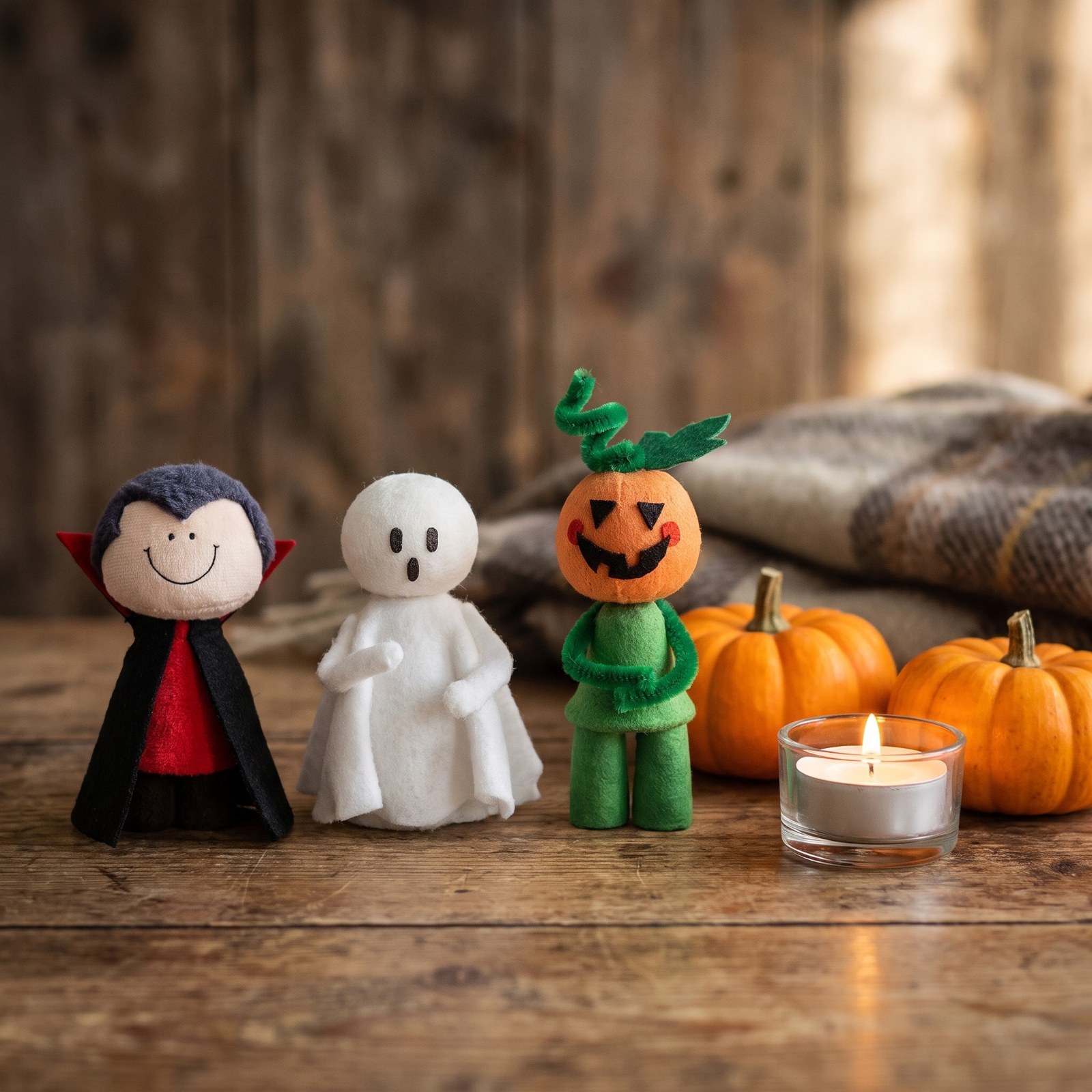 Kreativní sada Duch, upír a dýňový panáček 9 cm – 3 halloweenské figurky, balíček materiálu