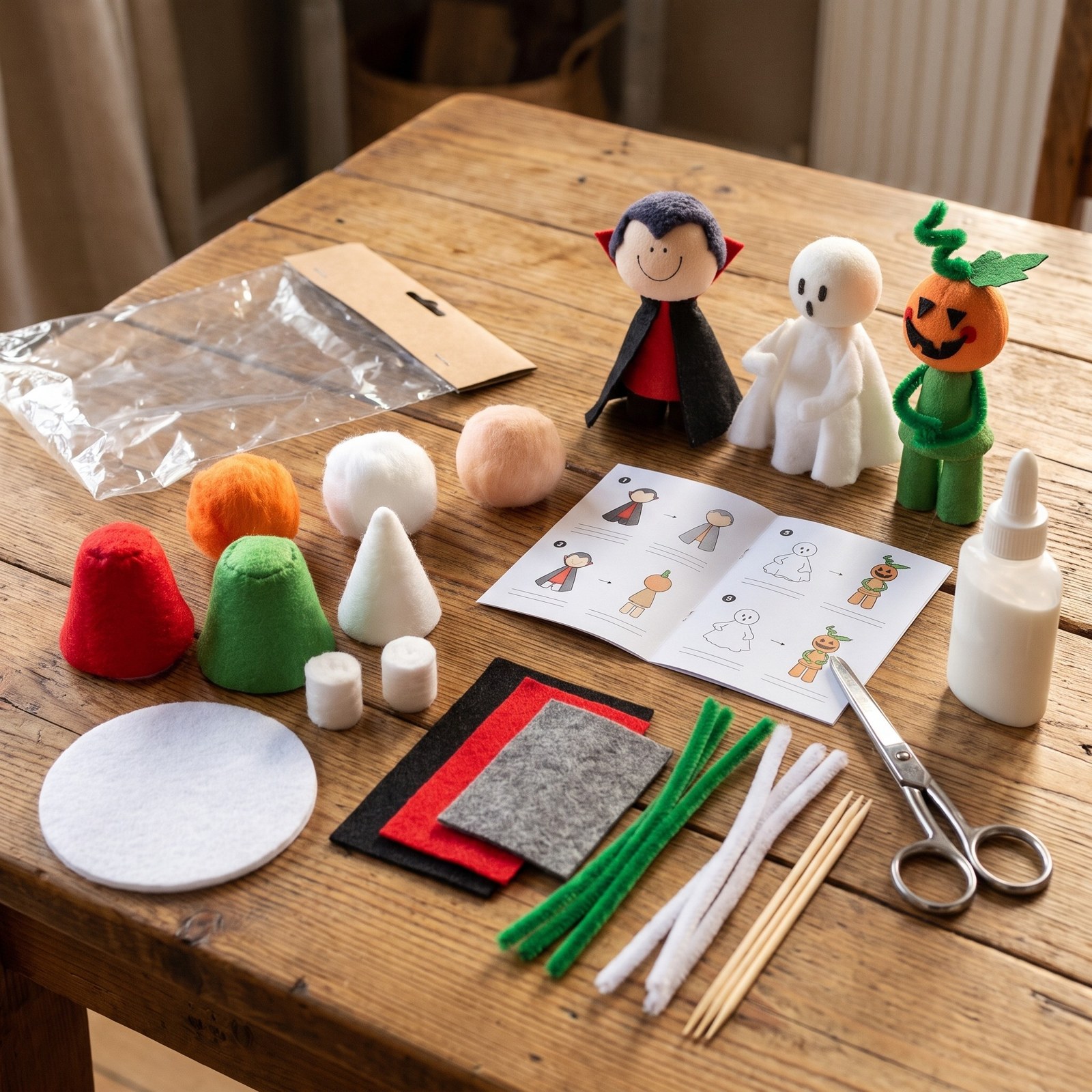 Kreativní sada Duch, upír a dýňový panáček 9 cm – 3 halloweenské figurky, balíček materiálu