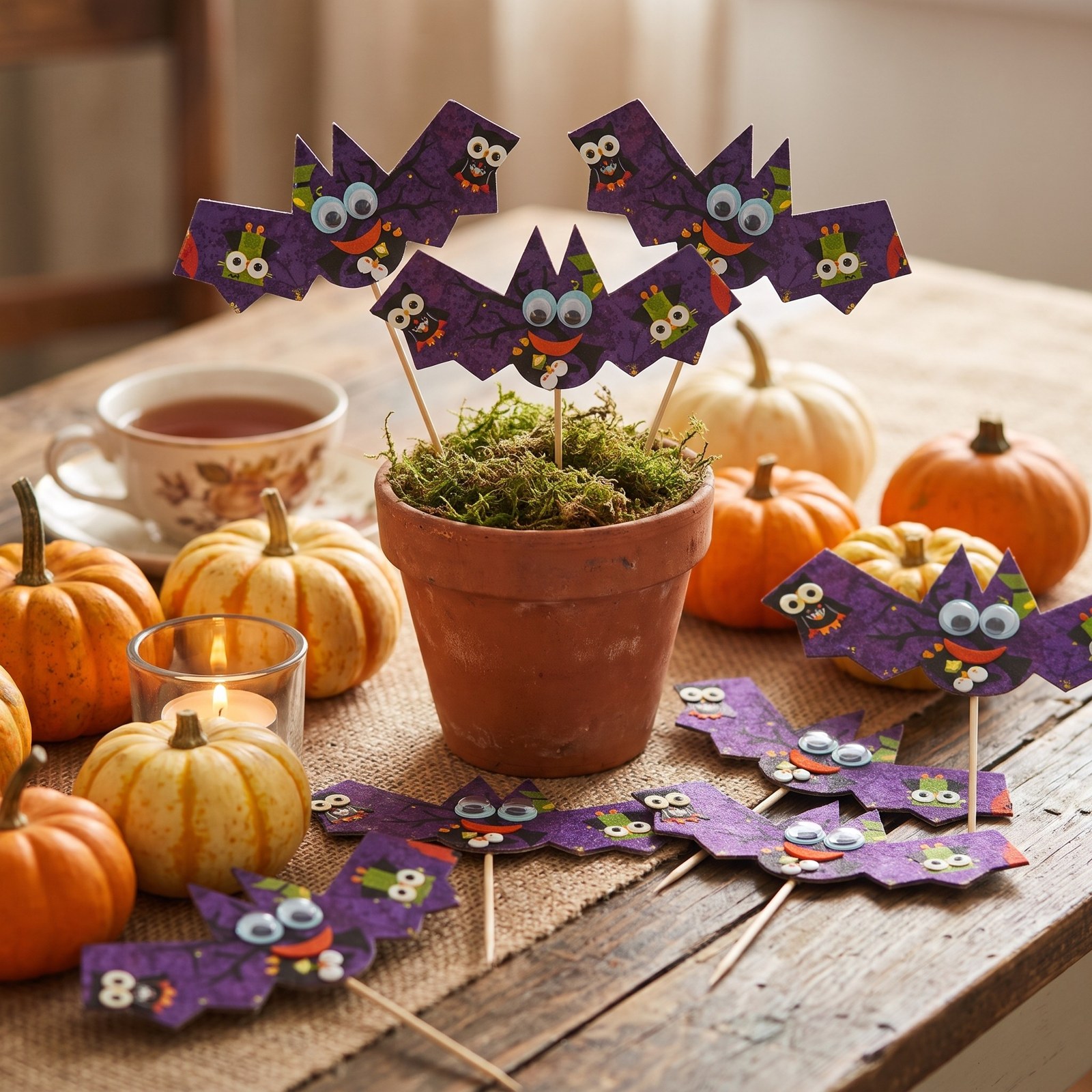 Zápich netopýr barevný karton 15 × 7 cm – halloweenská dekorace, 10 ks