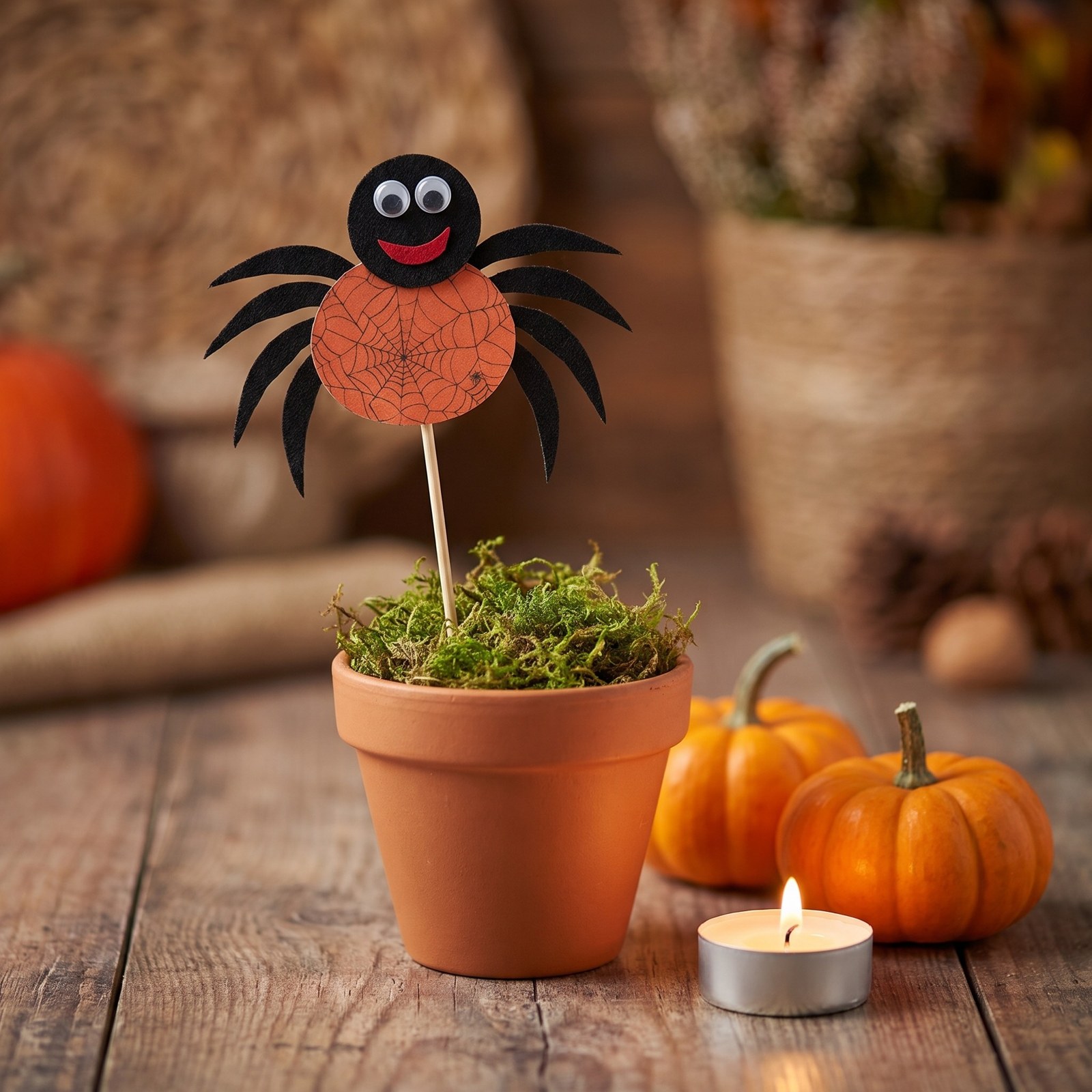Zápich pavouk oranžový 27 cm – halloweenská dekorace do květináče, 1 ks