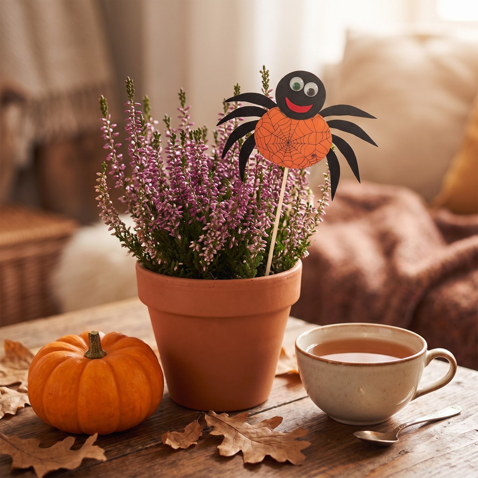 Zápich pavouk oranžový 27 cm – halloweenská dekorace do květináče, 1 ks