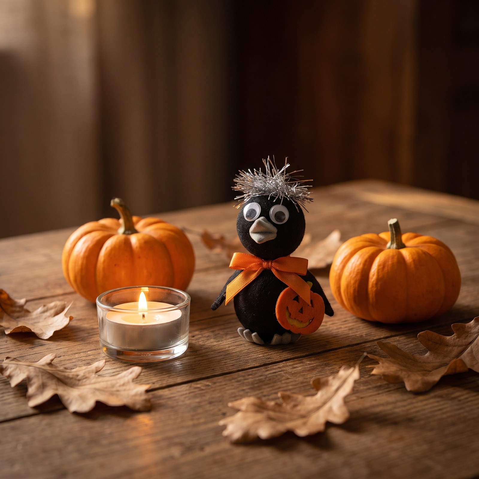 Figurka vrána s dýní 12 cm – podzimní a halloweenská dekorace, 1 ks