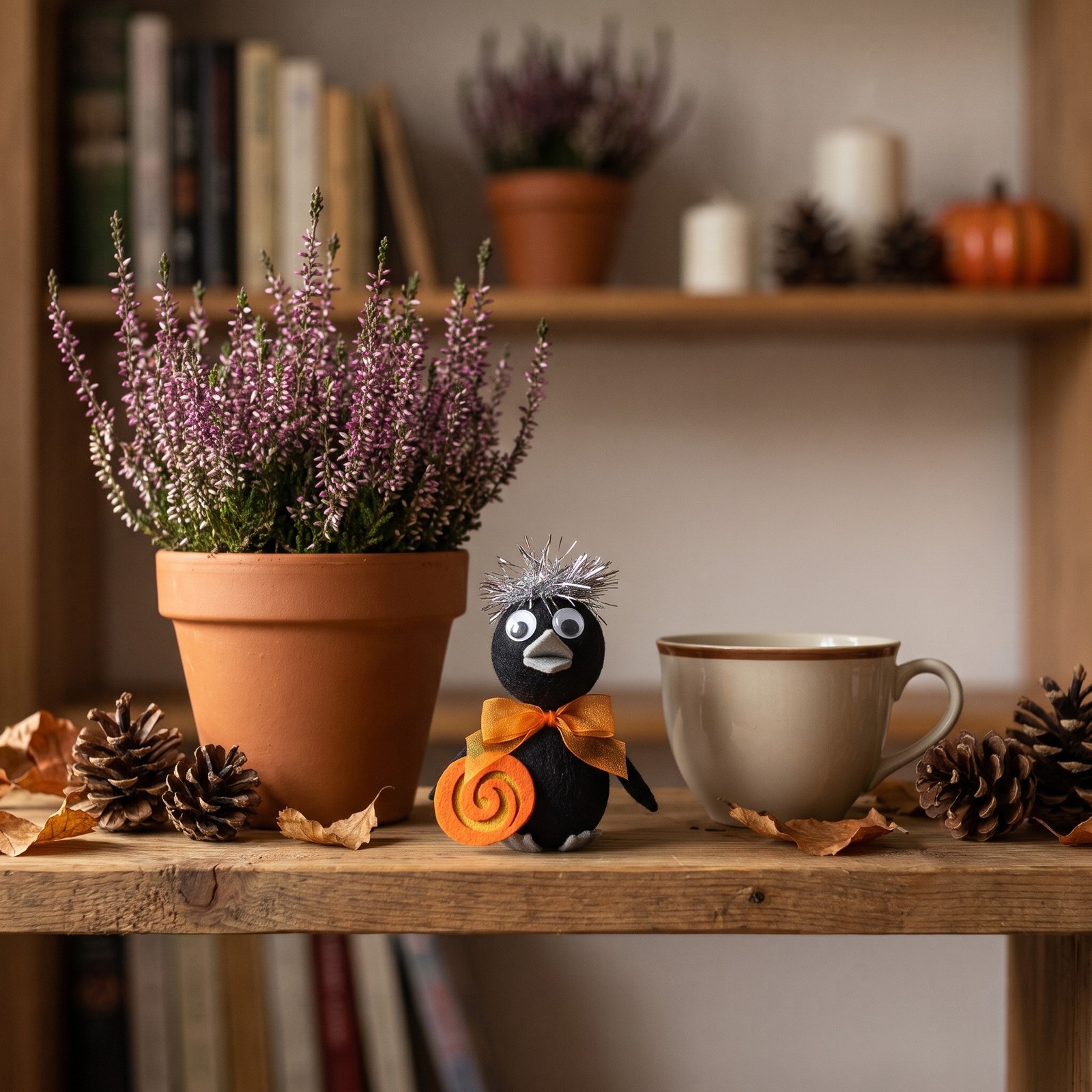 Figurka vrána s dýní 12 cm – podzimní a halloweenská dekorace, 1 ks