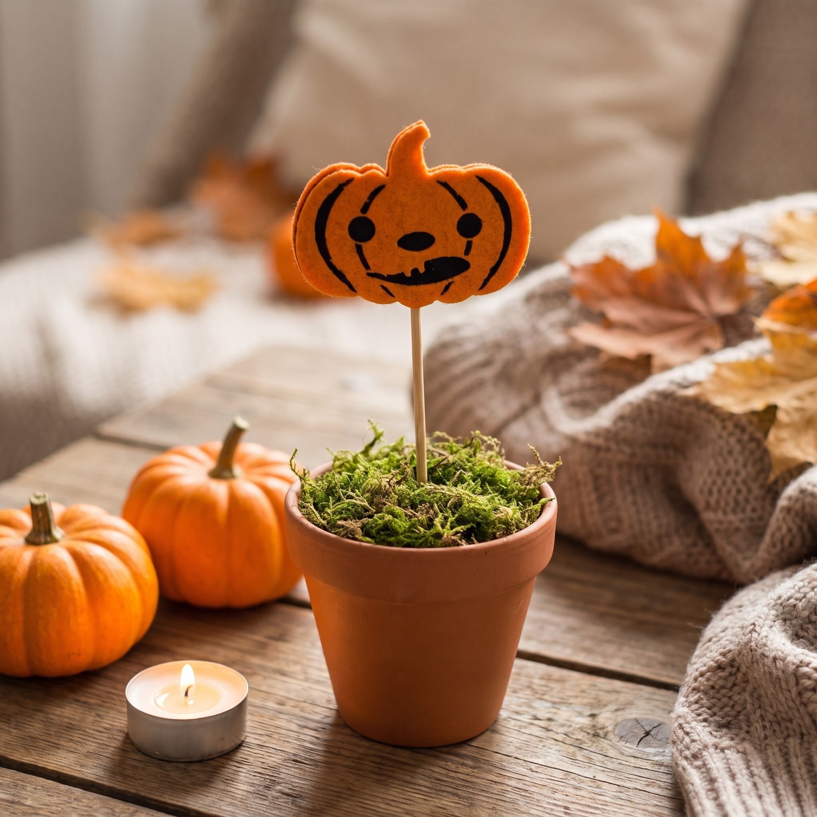 Zápich dýně s obličejem 22 cm – halloweenská dekorace z plsti, 1 ks