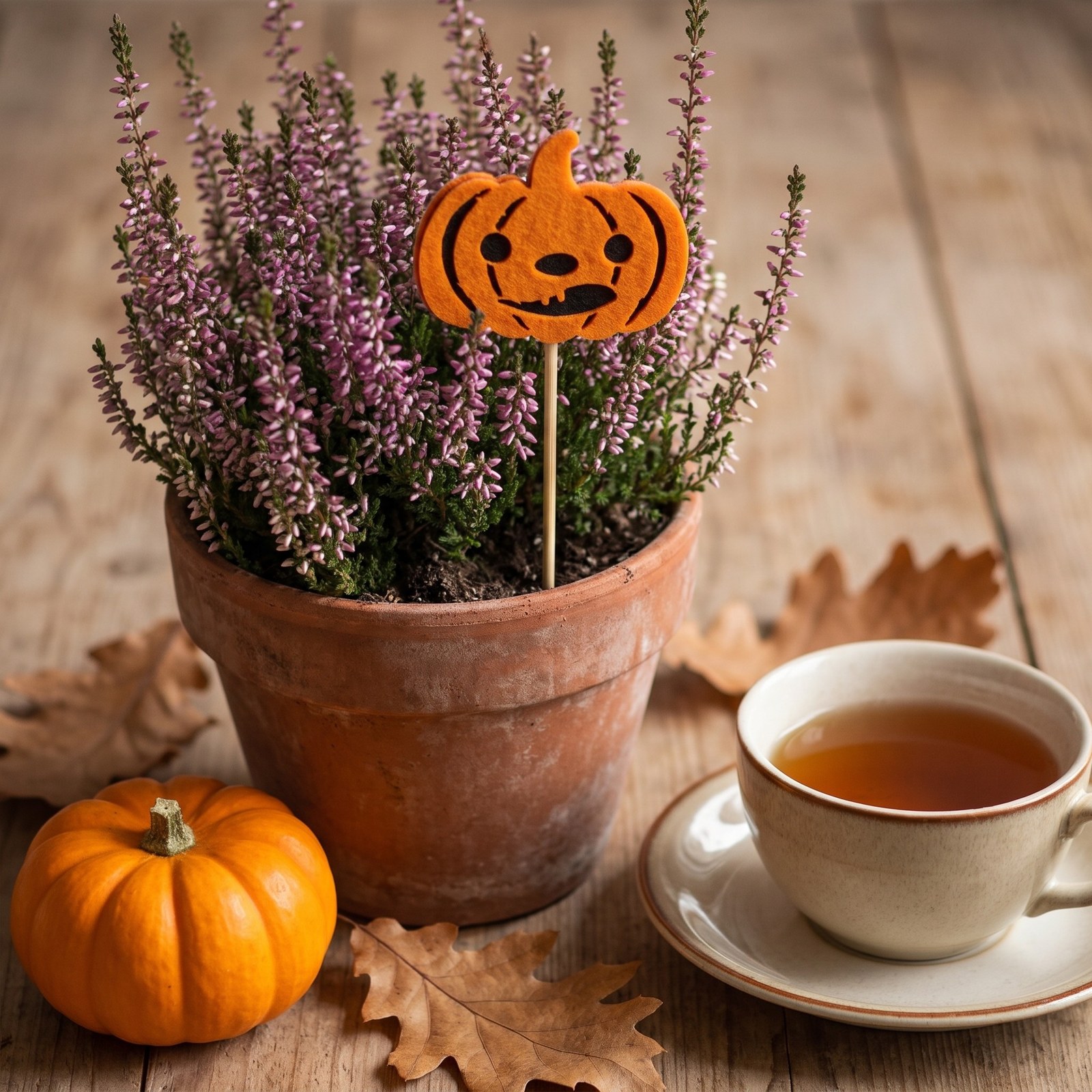 Zápich dýně s obličejem 22 cm – halloweenská dekorace z plsti, 1 ks