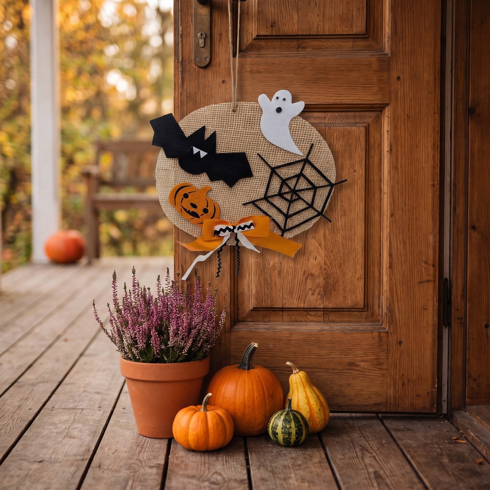 Závěsná dekorace Halloween z juty 30 cm – s netopýrem, duchem a dýní, 1 ks