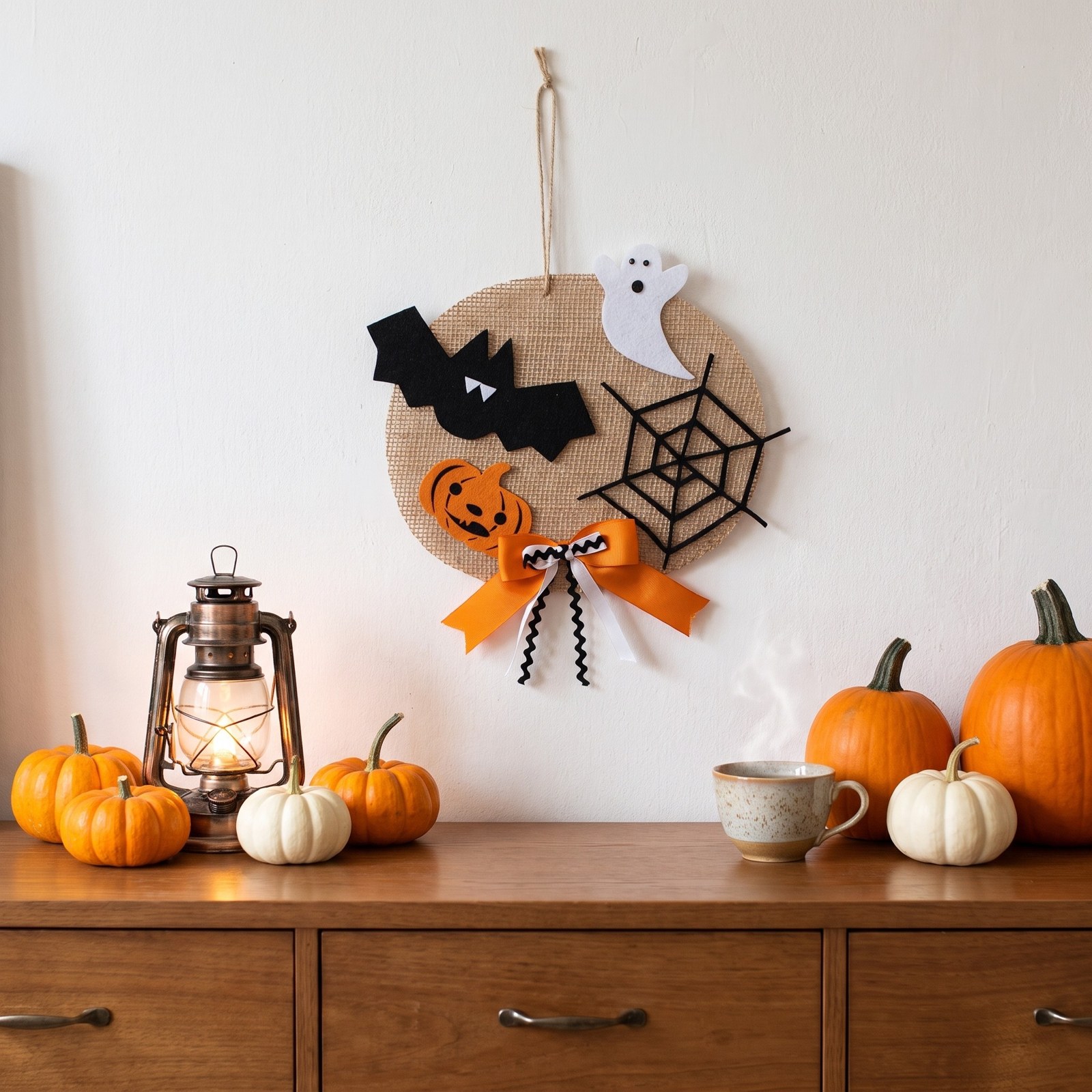 Závěsná dekorace Halloween z juty 30 cm – s netopýrem, duchem a dýní, 1 ks