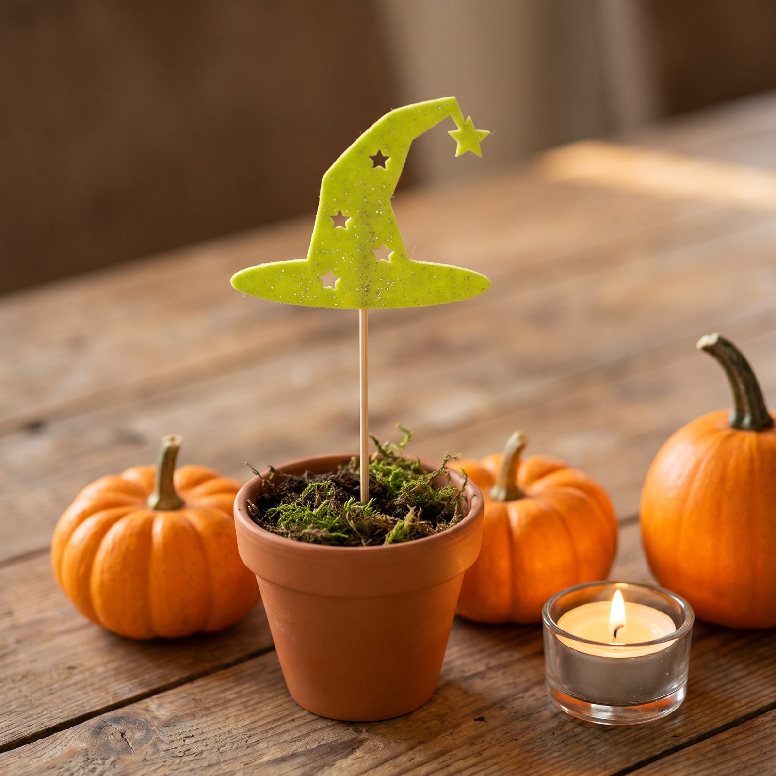Zápich čarodějnický klobouk zelený 30 cm – halloweenská dekorace do květináče, 1 ks