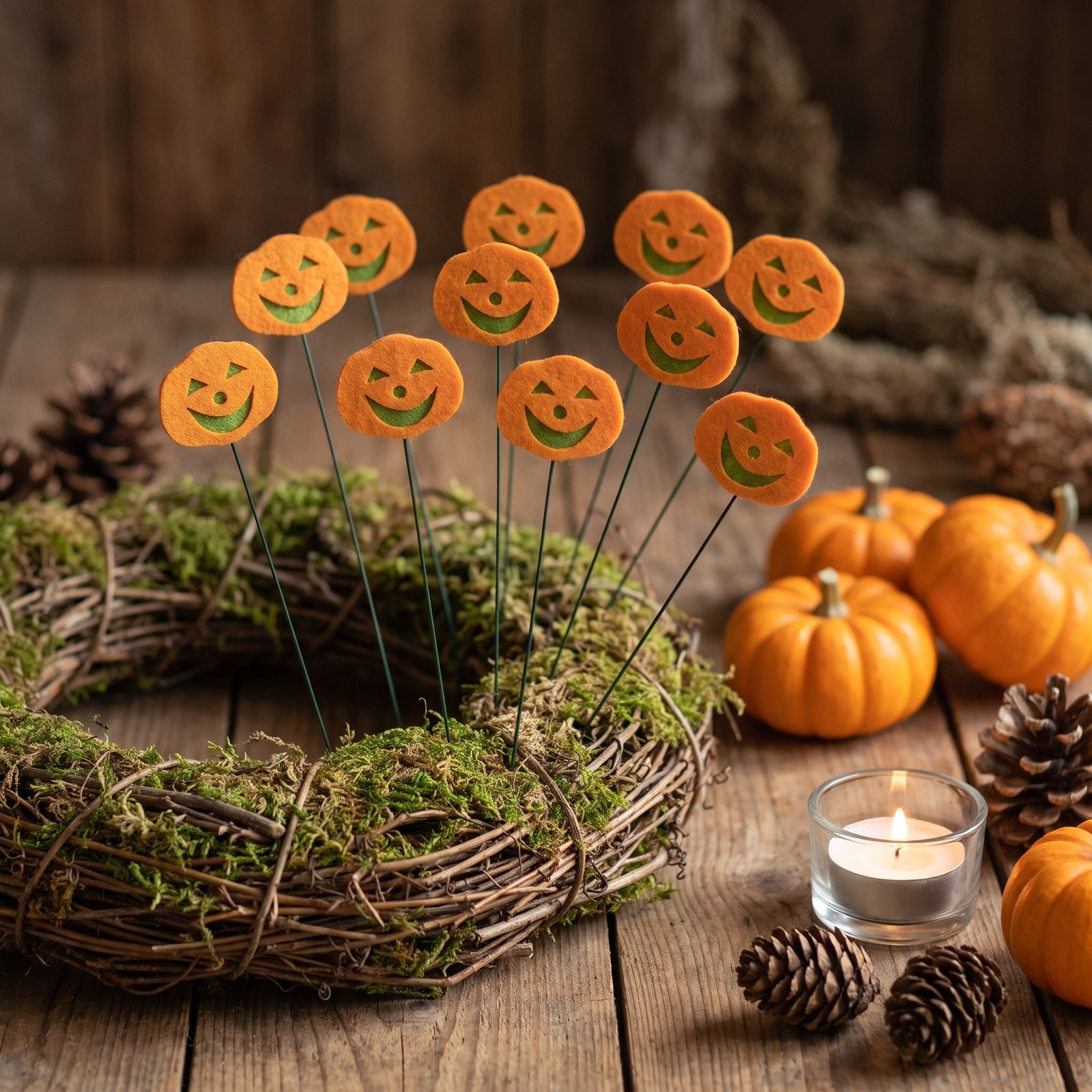 Zápich dýně na drátku 30 cm – halloweenská dekorace z filcu, 10 ks