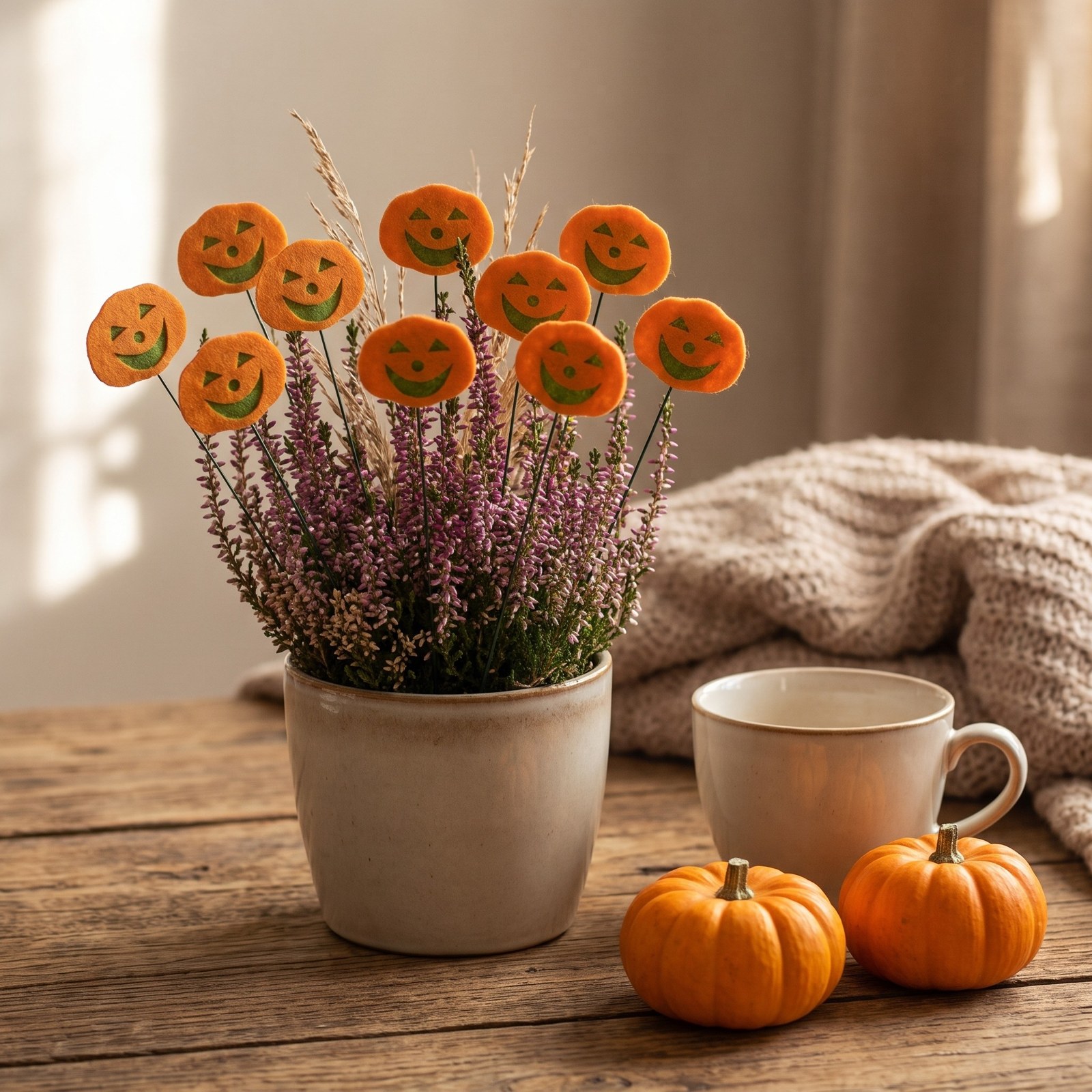 Zápich dýně na drátku 30 cm – halloweenská dekorace z filcu, 10 ks