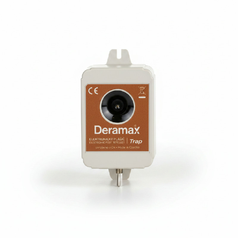 Deramax-Trap – ultrazvukový odpuzovač koček, psů a divoké zvěře, dosah 20 m, baterie 9 V