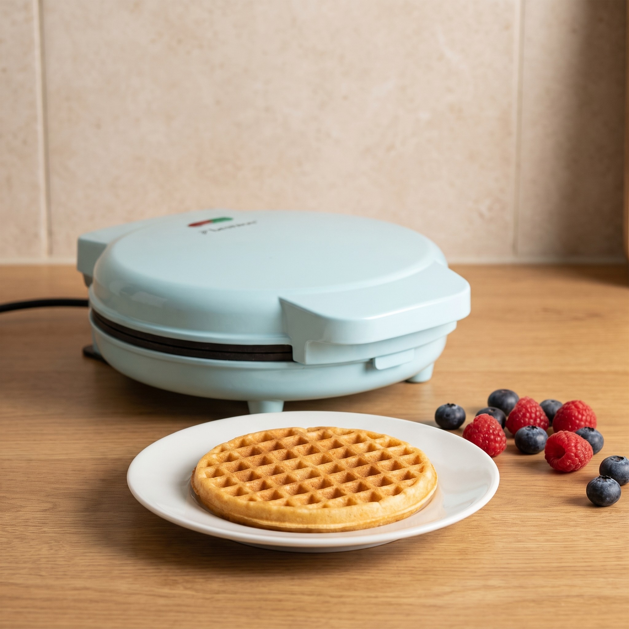 Bestron AMW500B – mini vaflovač v retro designu, vafle Ø 10 cm, 550 W, modrý – rozbalené