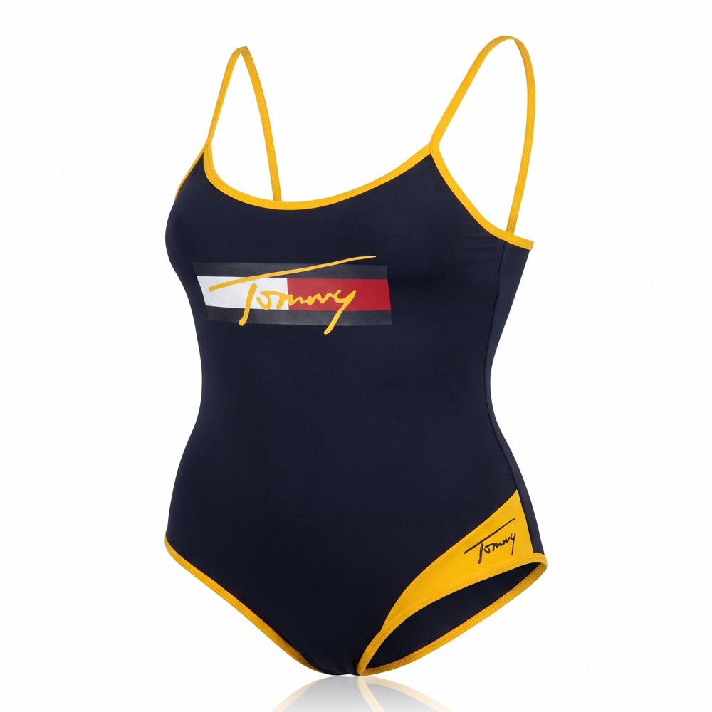 Tommy Hilfiger One Piece – dámské jednodílné plavky, Desert Sky se žlutým lemem, velikost XS