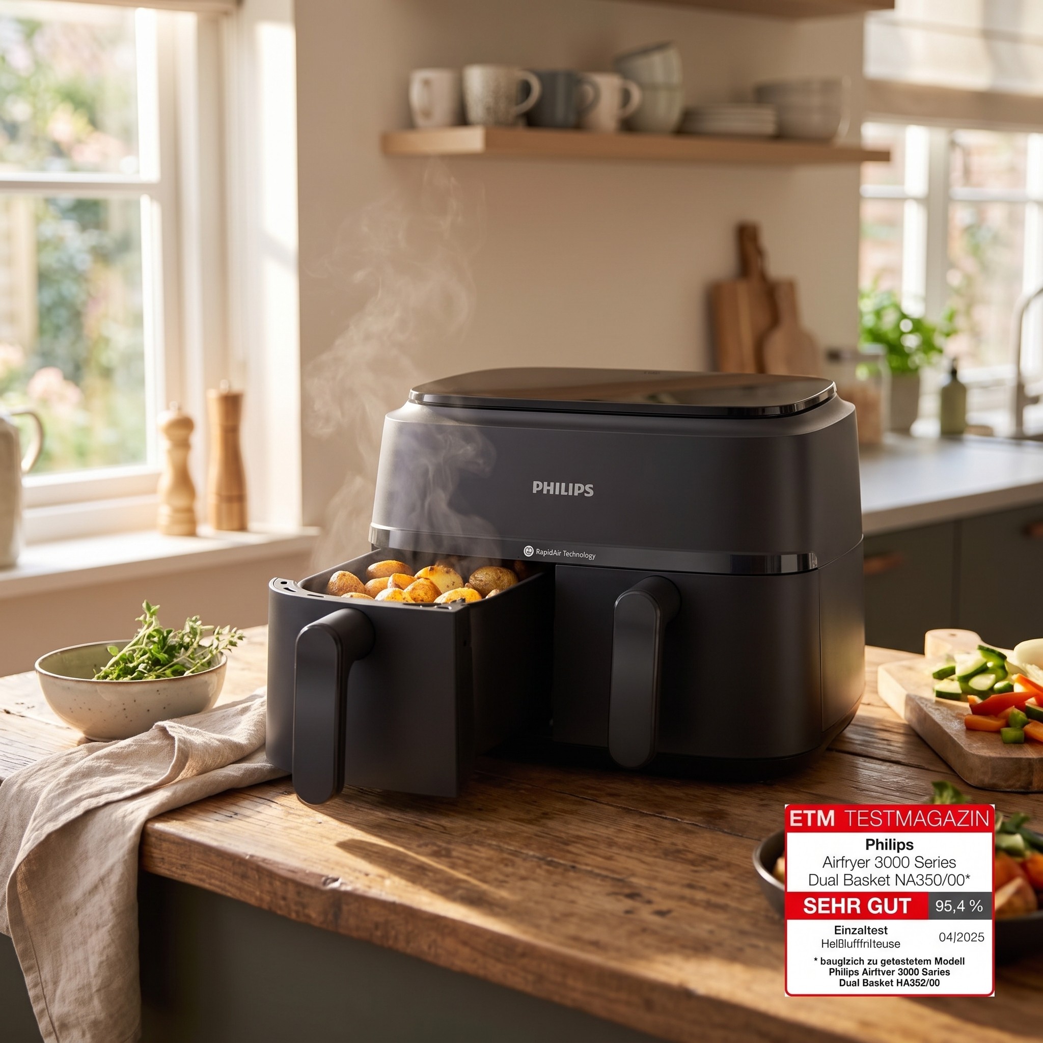 Philips Airfryer Dual Basket 3000 NA350/00 – horkovzdušná fritéza se 2 koši 9 l, 2750 W