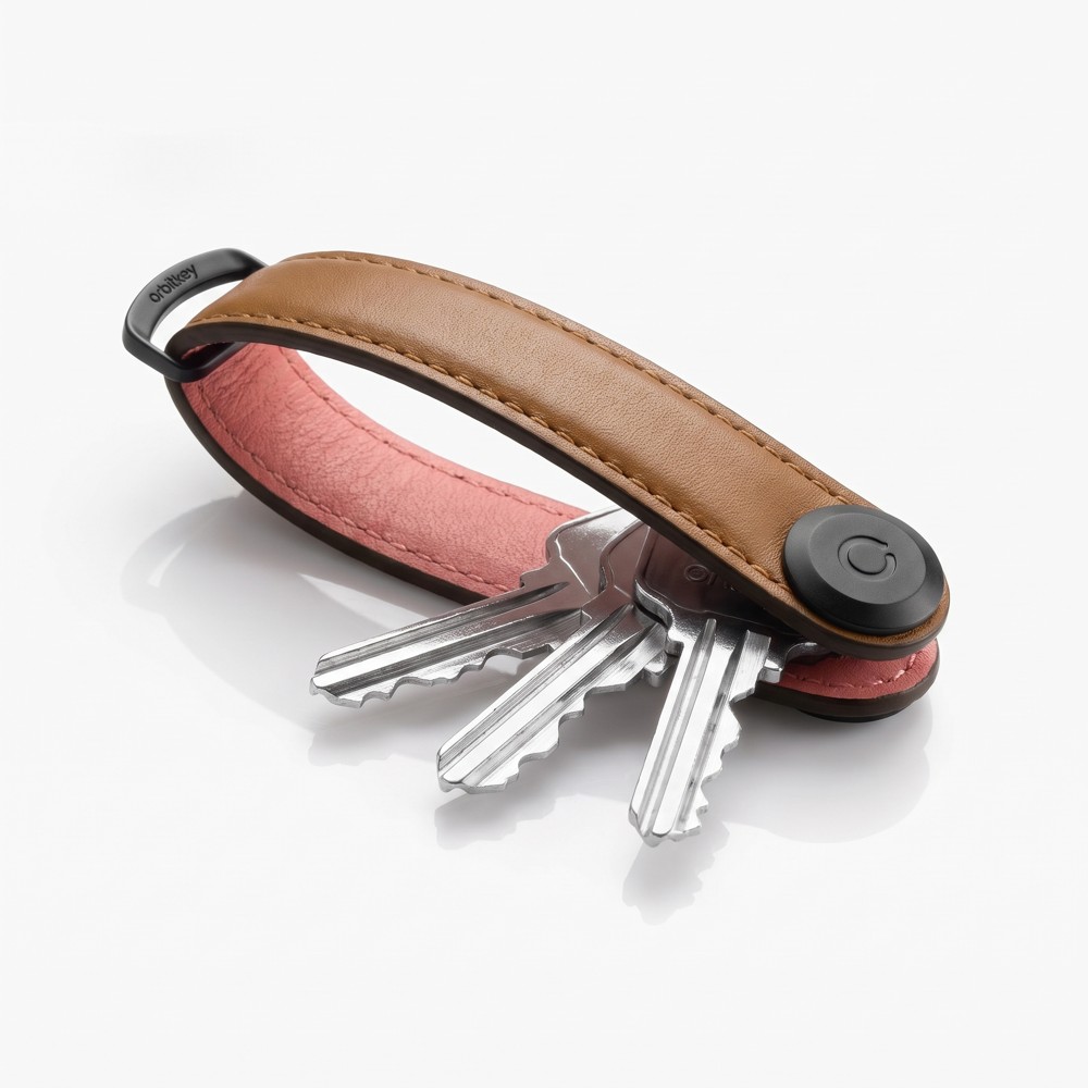 Orbitkey 2.0 Leather Cocoa Rose – kožená klíčenka, světle hnědá s růžovým vnitřkem