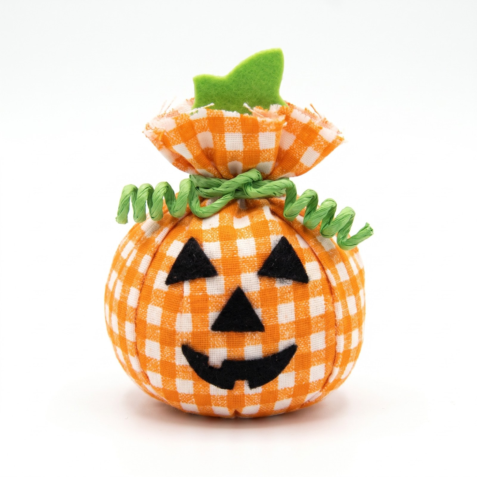 Látková dýně s obličejem 10 cm, oranžové kostičky – halloweenská dekorace, 1 ks