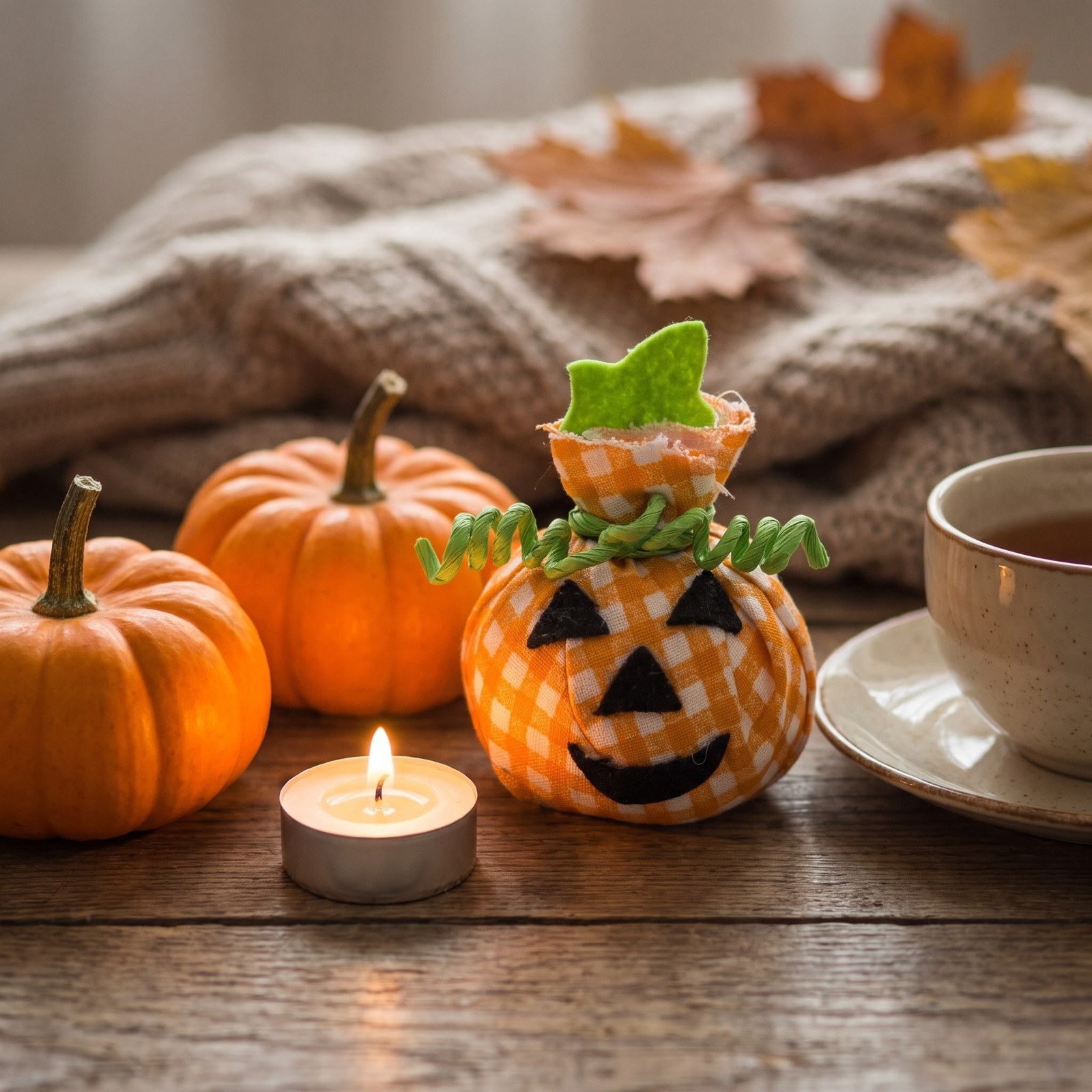 Látková dýně s obličejem 10 cm, oranžové kostičky – halloweenská dekorace, 1 ks