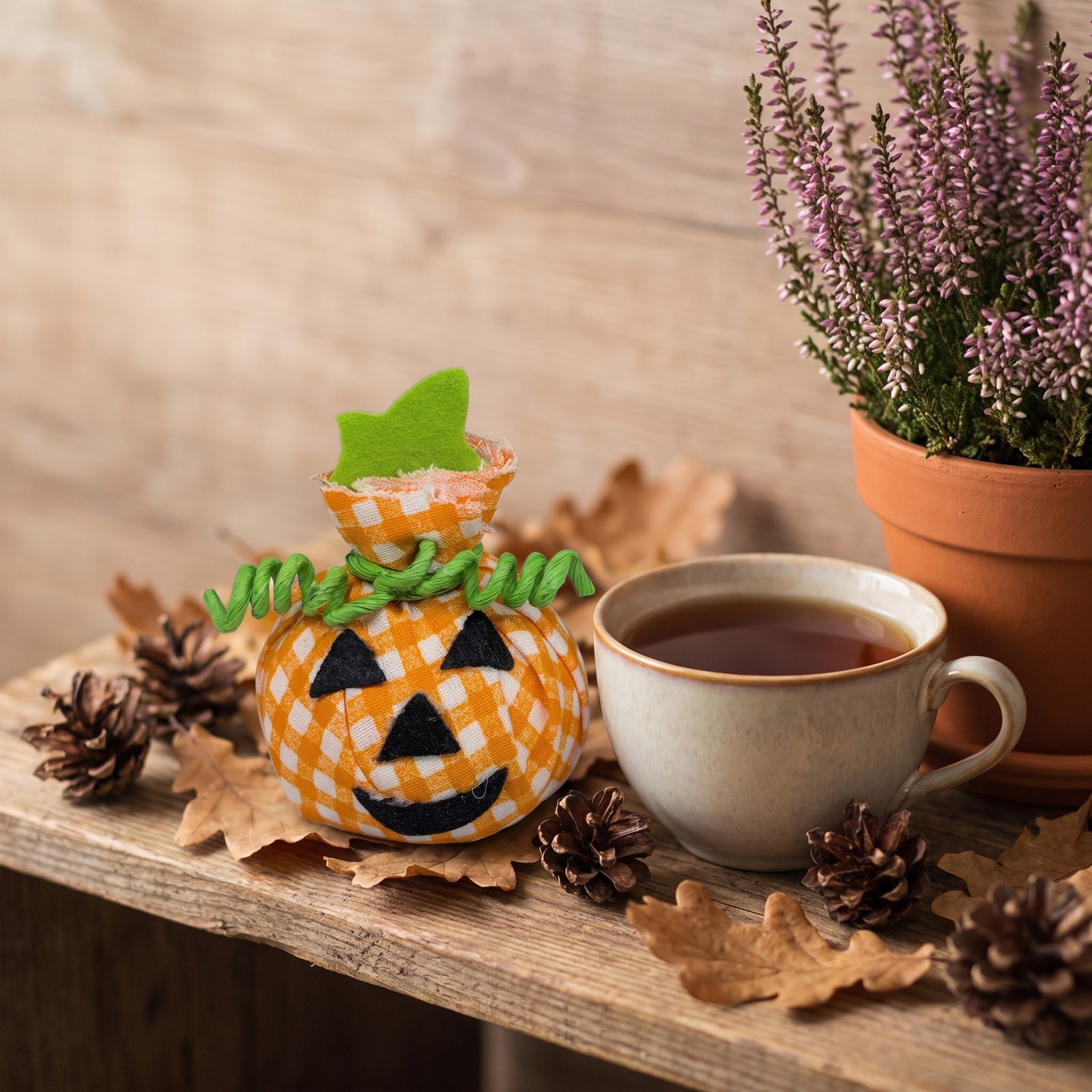 Látková dýně s obličejem 10 cm, oranžové kostičky – halloweenská dekorace, 1 ks